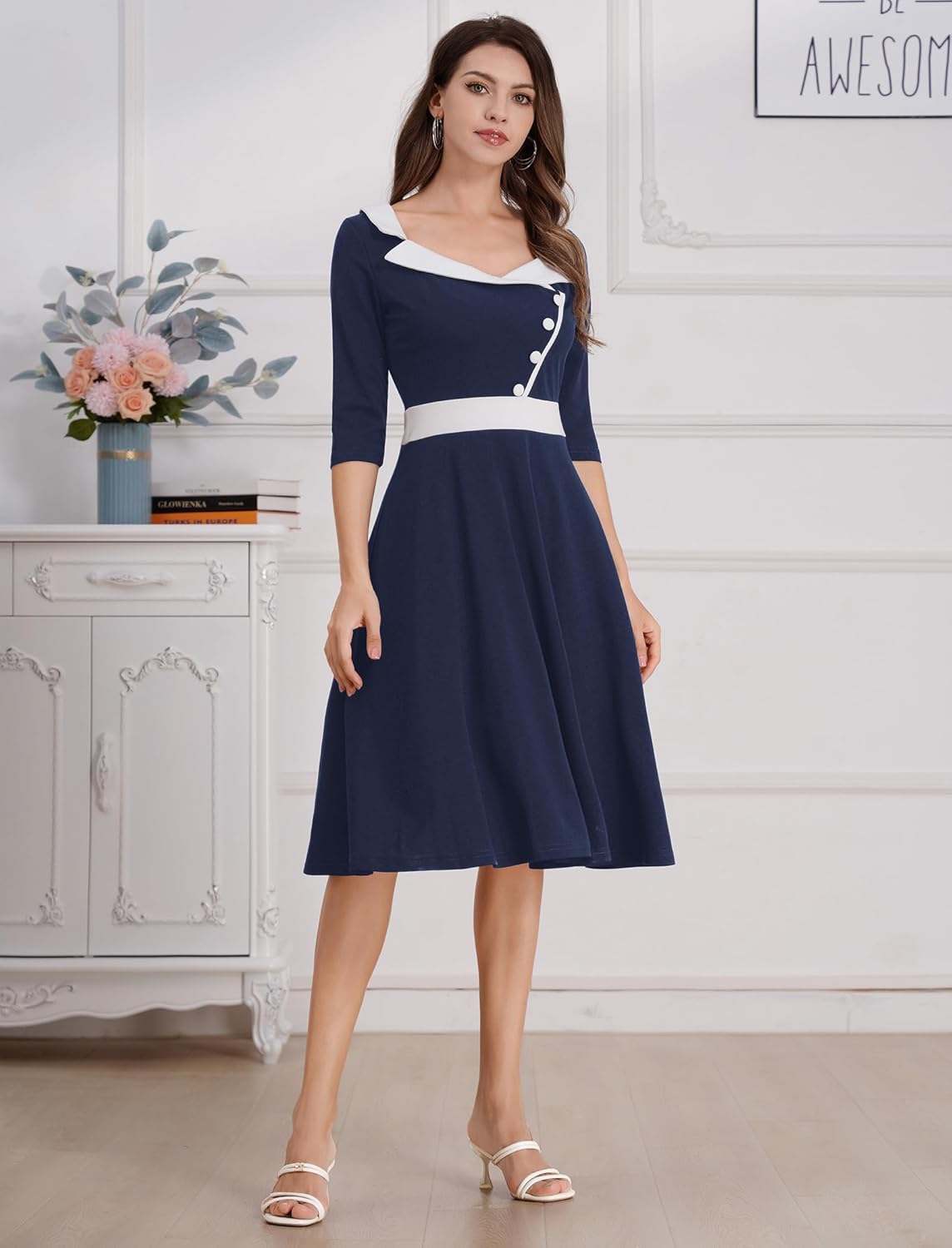 ODIZLI 1950s Dresses for Women Retro Dress 3/4 Sleeve Sweetheart Neckline Swing Midi Dress Cocktail Dress - Image 2