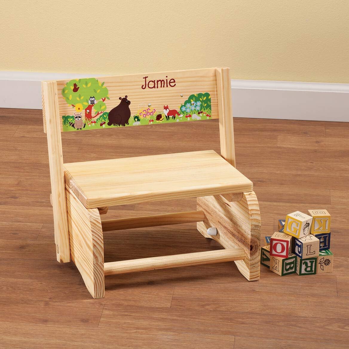 Fox Valley Traders Personalized 2-in-1 Children's Step Stool and Chair, Customized with Kid’s Name, Woodland Animals Design