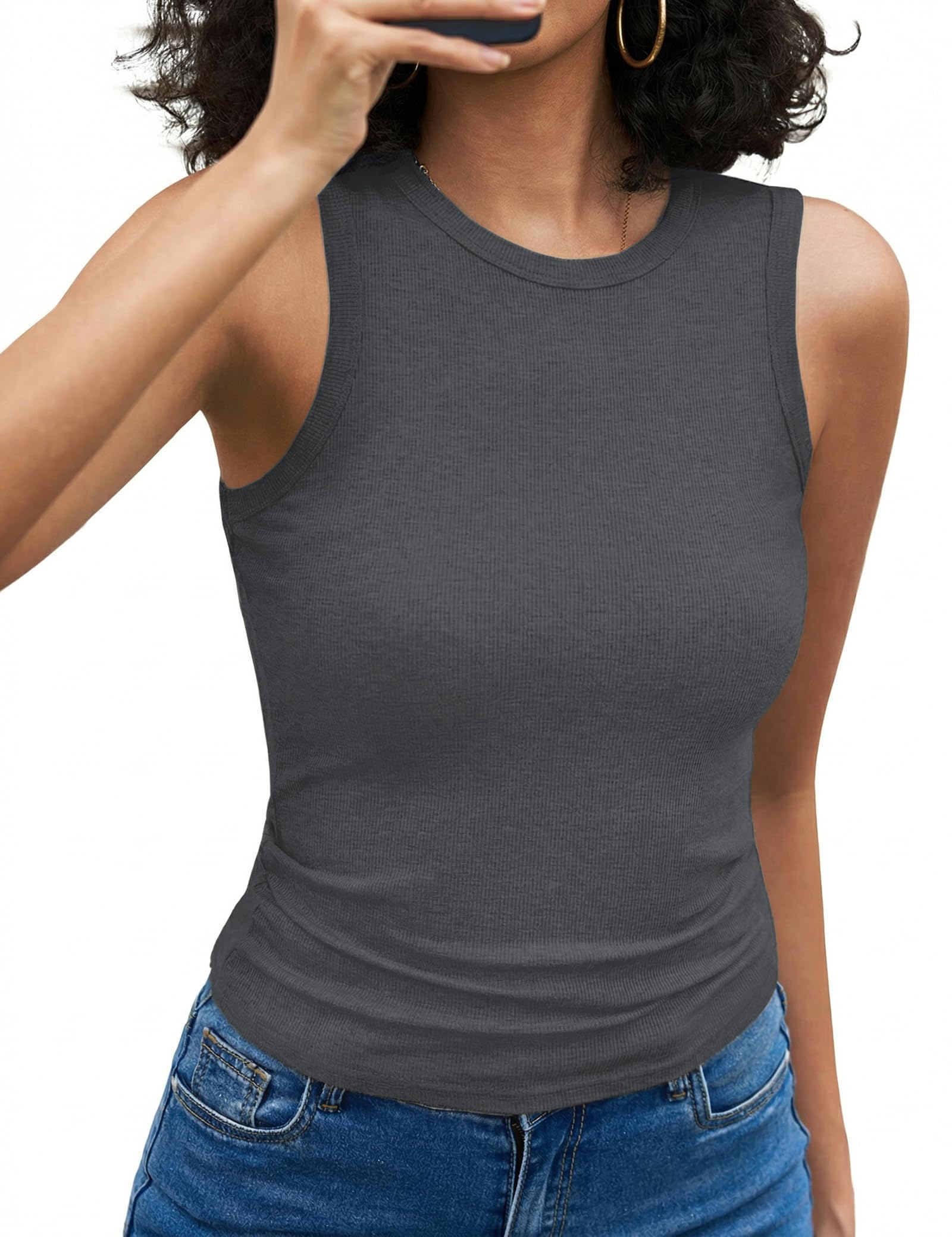 Aottori Top Damen Sommer Rundhals Oberteile Gerippt Slim Fit Basic Tanktop Stretch Elegant Shirt Ärmellos Sexy Casual Einfarbig