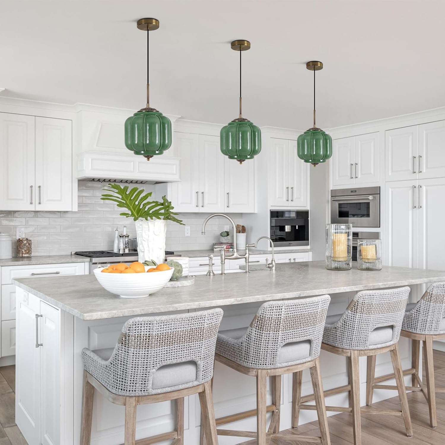 KCO Lighting Vintage Green Glass Pendant Light Antique Brass Gold Hanging Light Fixture Mid Century Modern Schoolhouse Pendant Light for Dining Room