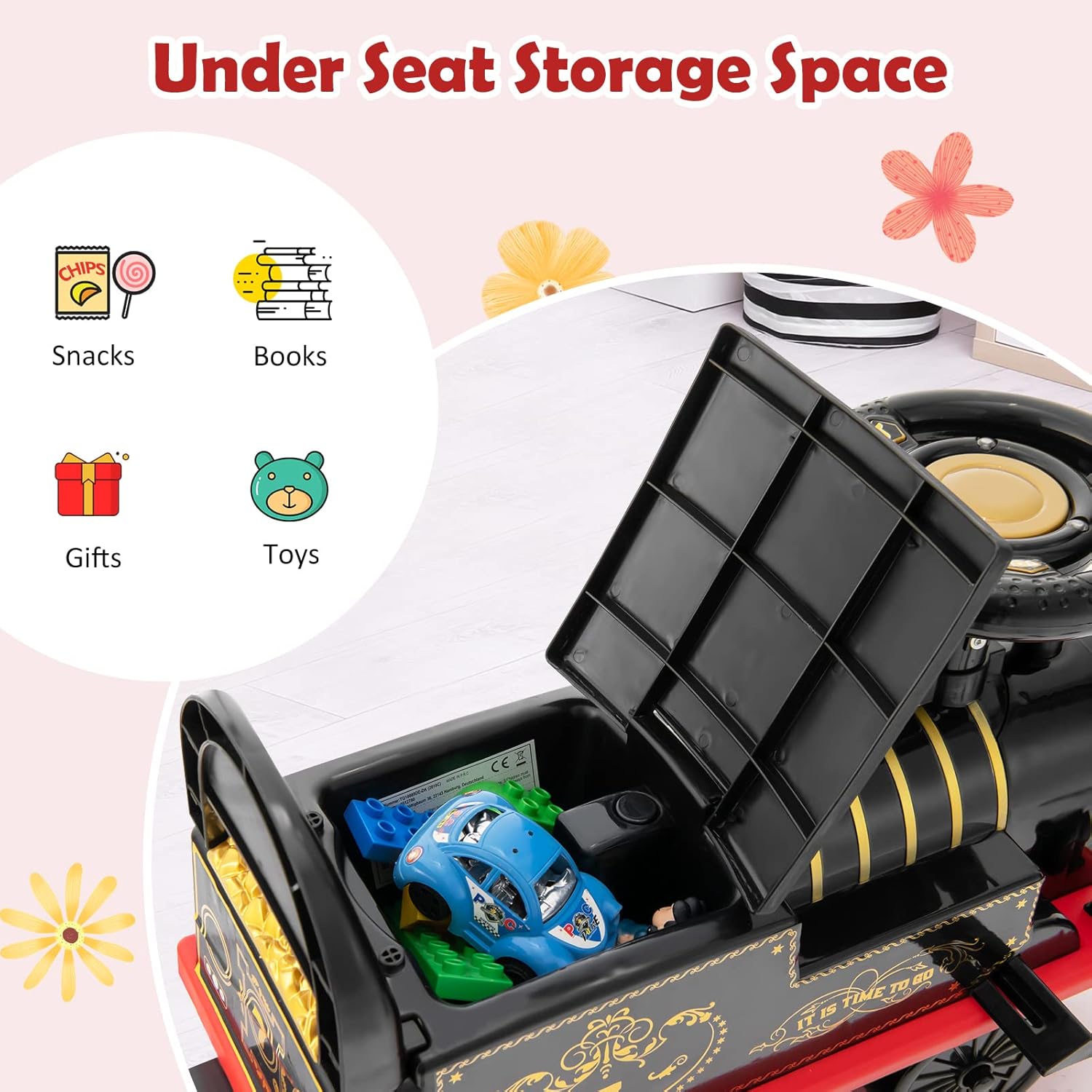 Costzon Ride on Toys, 6V Electric Ride on Train with Tracks, Storage Seat, Flashing Lights & Music, Backrest, Anti-tilt Device, Gift for Toddler Boys & Girls, Battery Powered Ride on Car (Black)