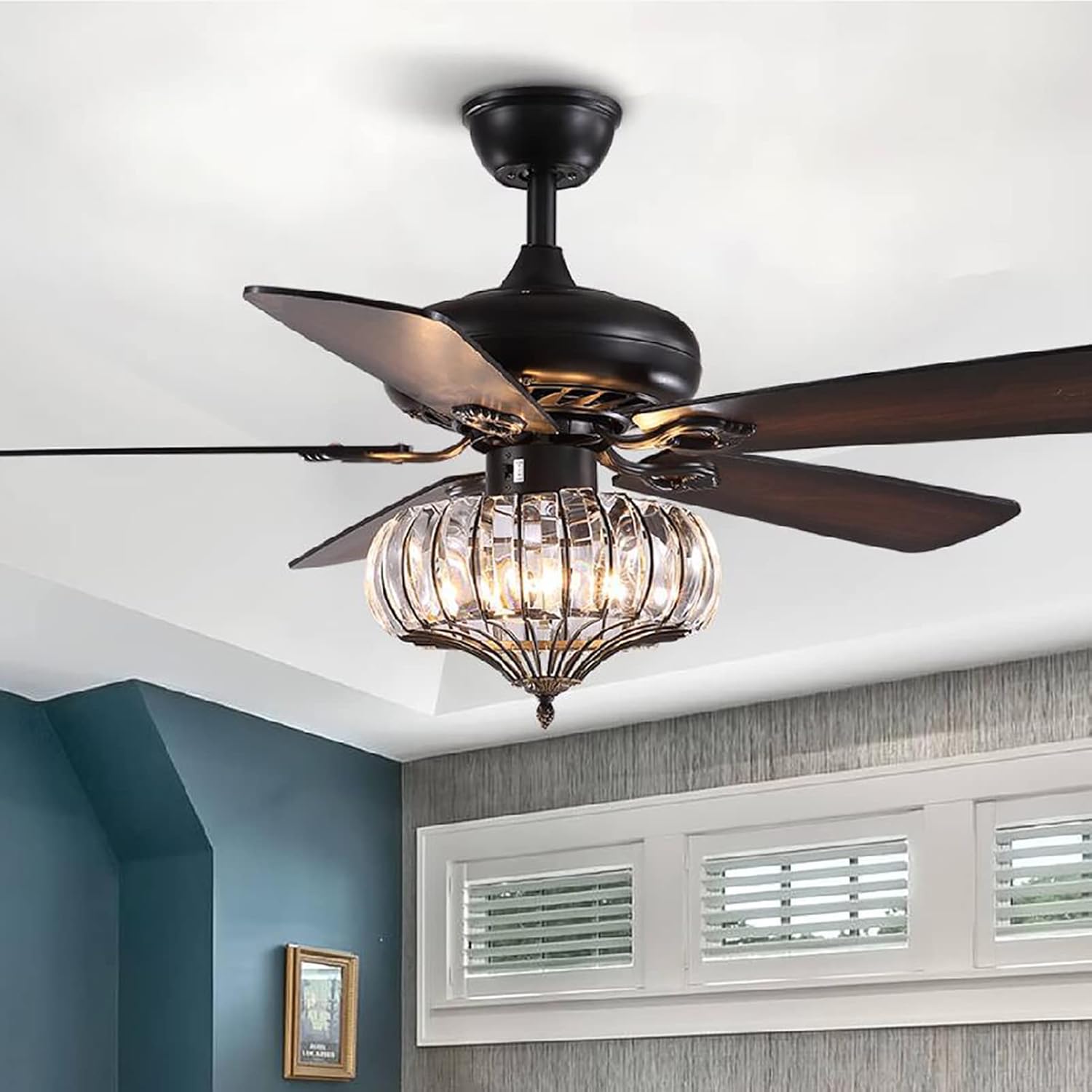 52Inch Crystal Ceiling Fan with Lights and Timer,Indoor