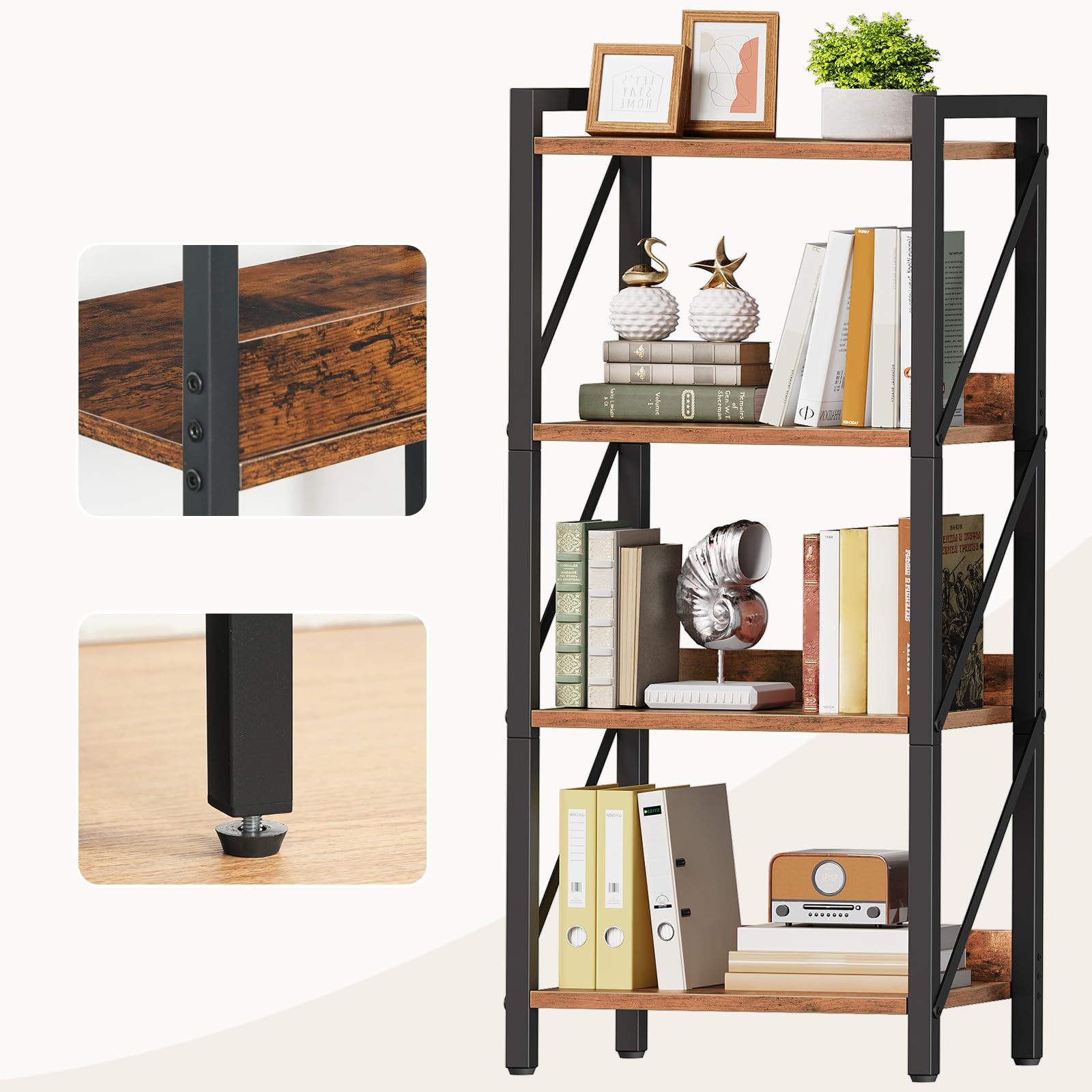 HOOBRO Librería de 4 Niveles, Biblioteca Esquinera de Estilo Industrial, Estantería de Exhibición, Marco de Metal para Sala de Estar, Dormitorio, Oficina, Cocina, Marrón Rústico y Negro EBF40SJ01