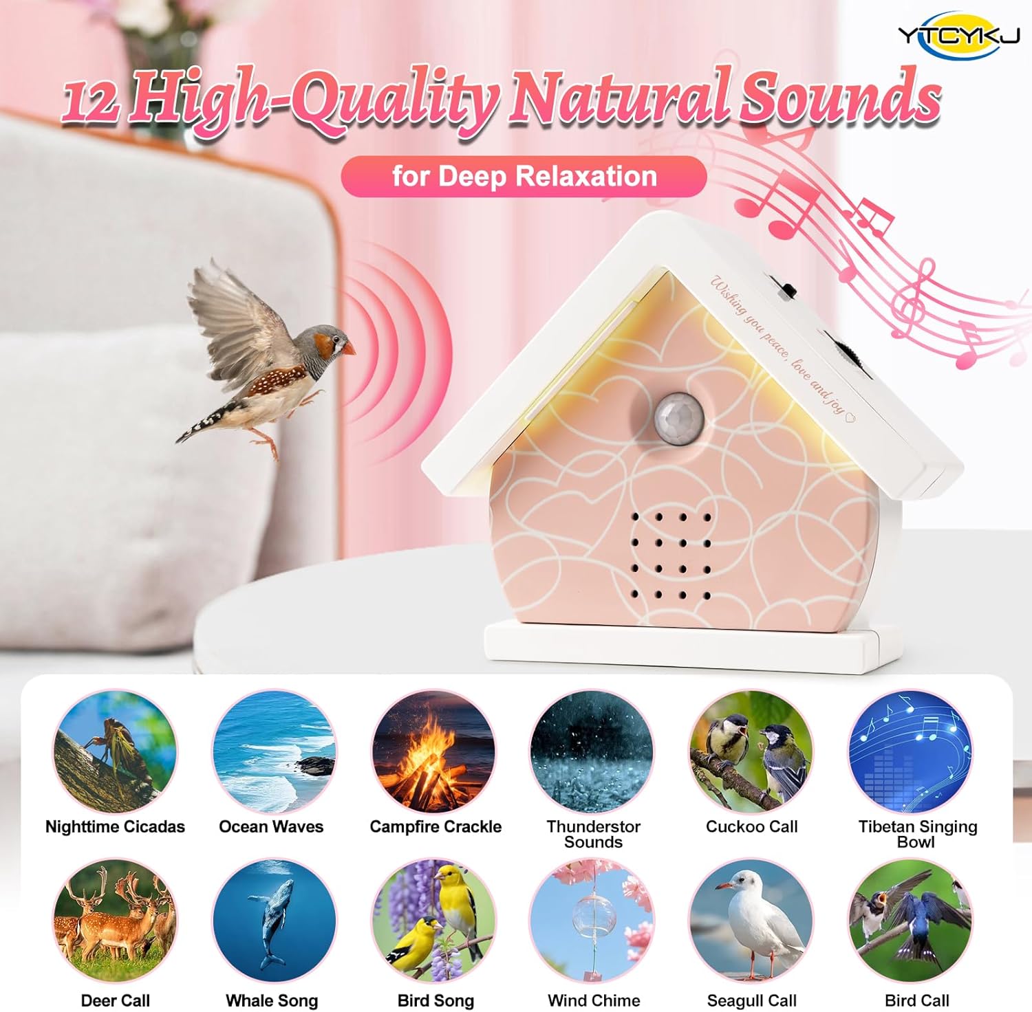 Singing Bird Box Original, Nature Sound Box with Motion Sensor – Portable Birds Chirping 12 Soothing Sounds, Timer, Night Light, Sound Therapy | Includes Silk Sleep Mask, Headband & Hair Tie