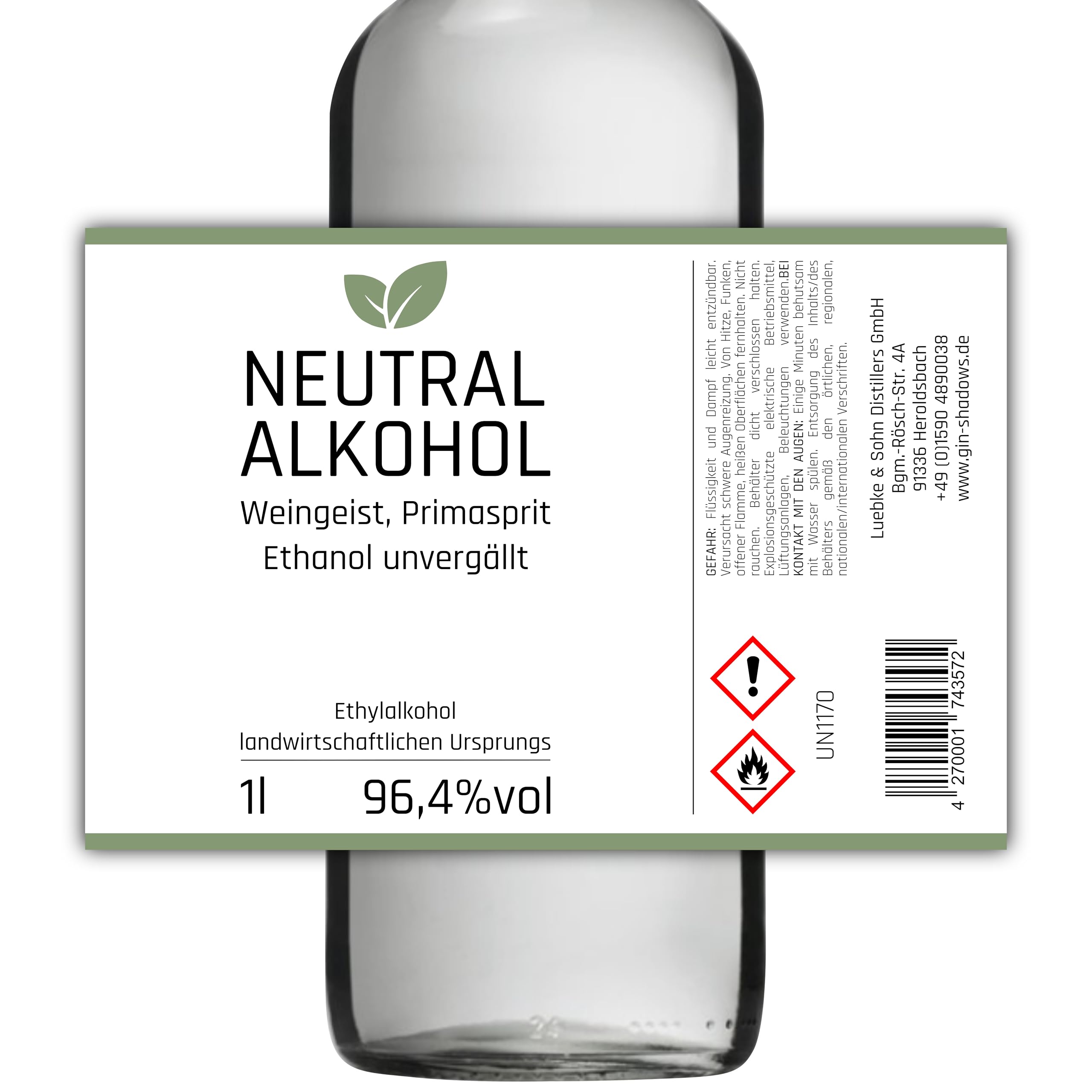 1l Weingeist Primasprit Trinkalkohol 96,4% vol - zum Ansetzen von Likören, Gin oder Tinkturen - 1l Flasche