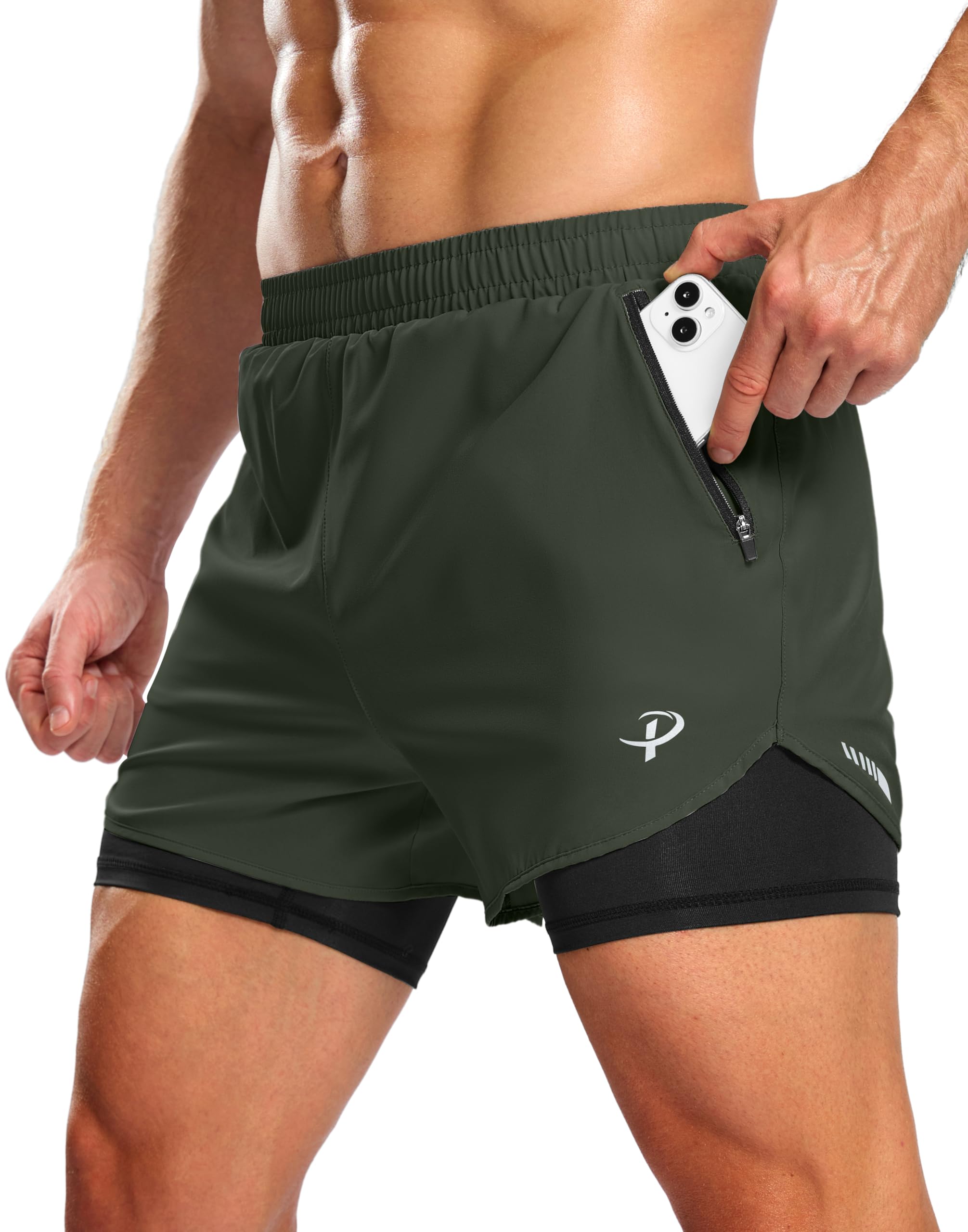Pudolla Men's 2 in 1 Workout Running Shorts 5" with Zipper Phone Pockets Quick Dry Gym Athletic Shorts with Compression Liner