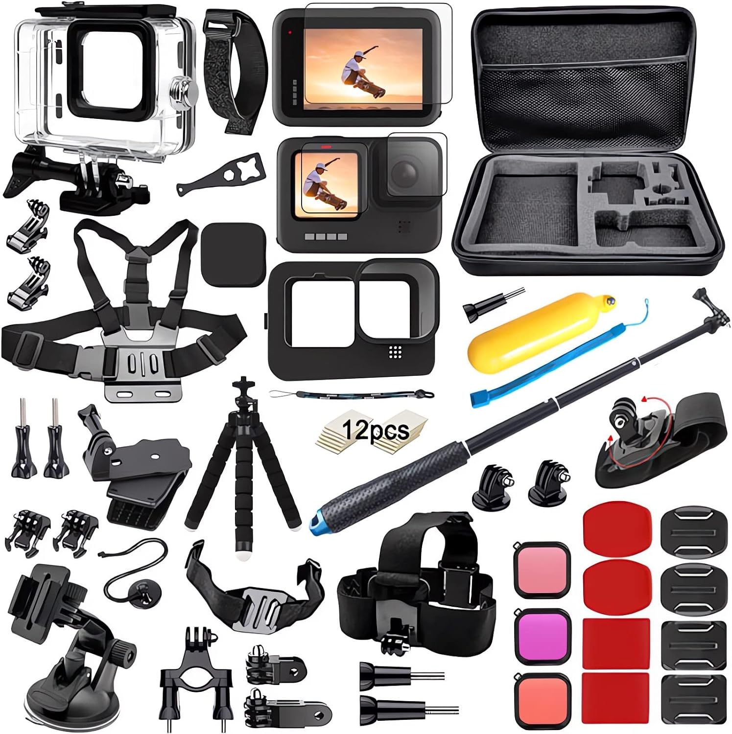 Kit Accessoires Complet Pour GoPro Hero 12/11/10/9 - Boîtier Étanche 60m, Poignée Flottante, Filtres Plongée - Tout-in-Un