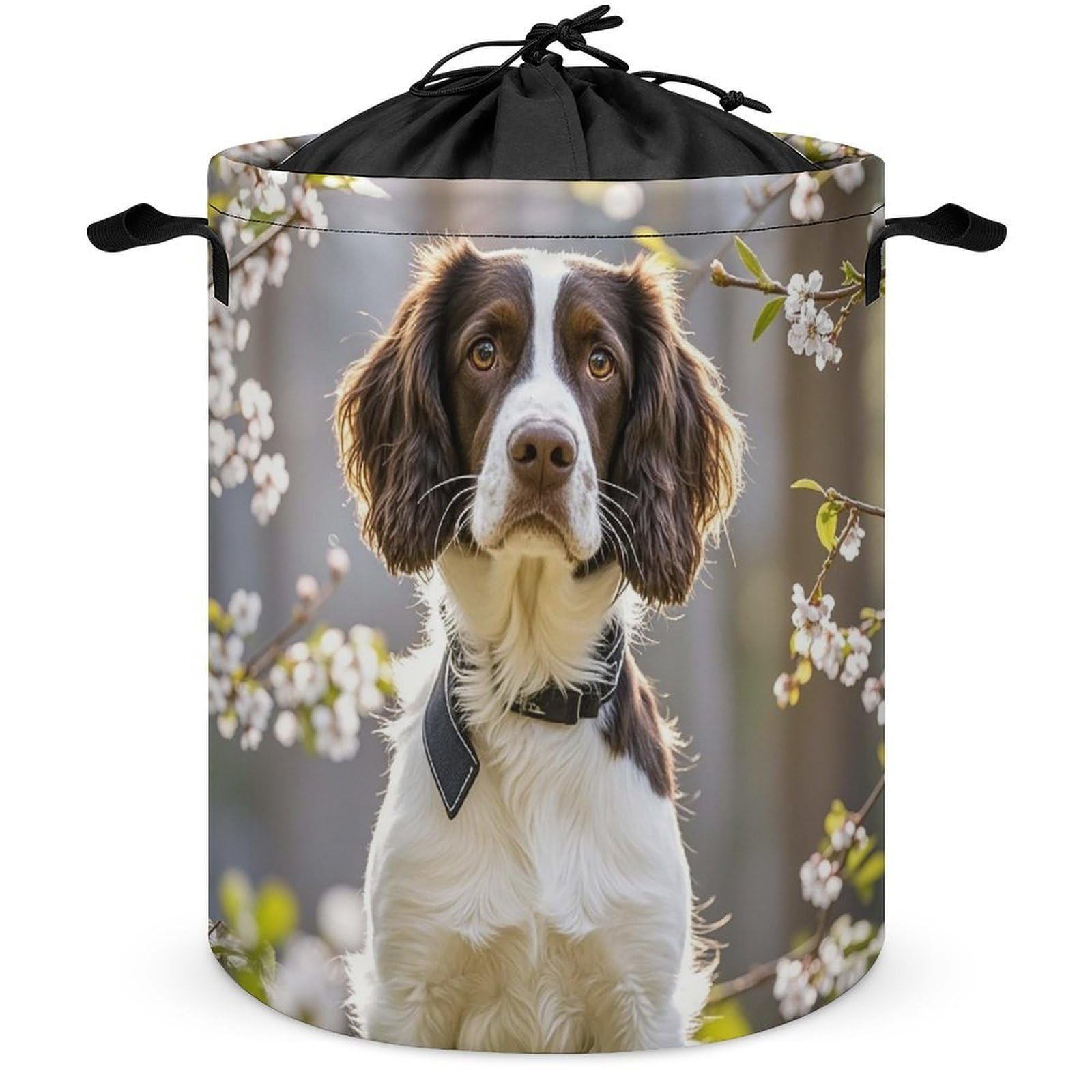 Collapsible Laundry Hamper, Cute Springer Spaniel Print Clothes Toy Storage Basket, Laundry Basket with Drawstring Closure And Handles