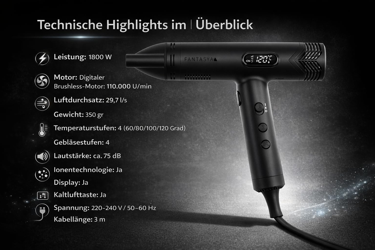 Rotschopf24 Efalock FANTASYA High Speed Haartrockner, Ionen Föhn + Tasche | 1800 W, Brushless-Motor, 4 Temperatur- und 4 Gebläsestufen, 29,7 l/s Luftdurchsatz mit Diffusor und Düsen.