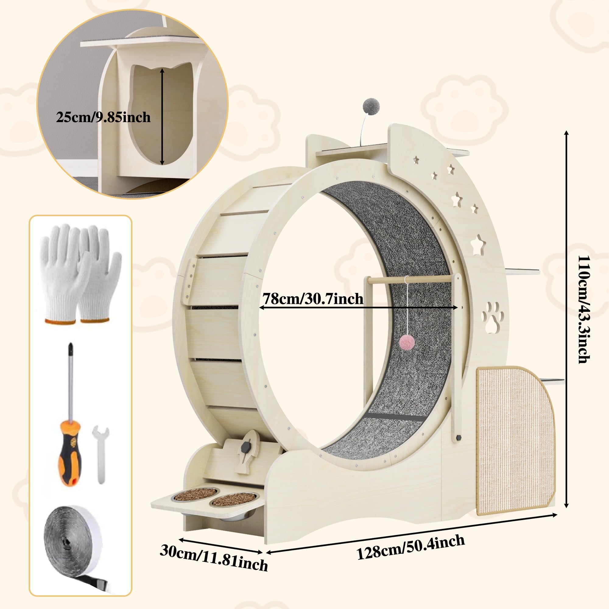 Ruota per Gatti 5 in 1 in Legno Multifunzionale Bloccabile Ruota per Esercizi per Gatti Tiragraffi a Scaletta per Gatti a 3 Livelli con 2 Ciotole Giocattoli Interattivi per Gatti