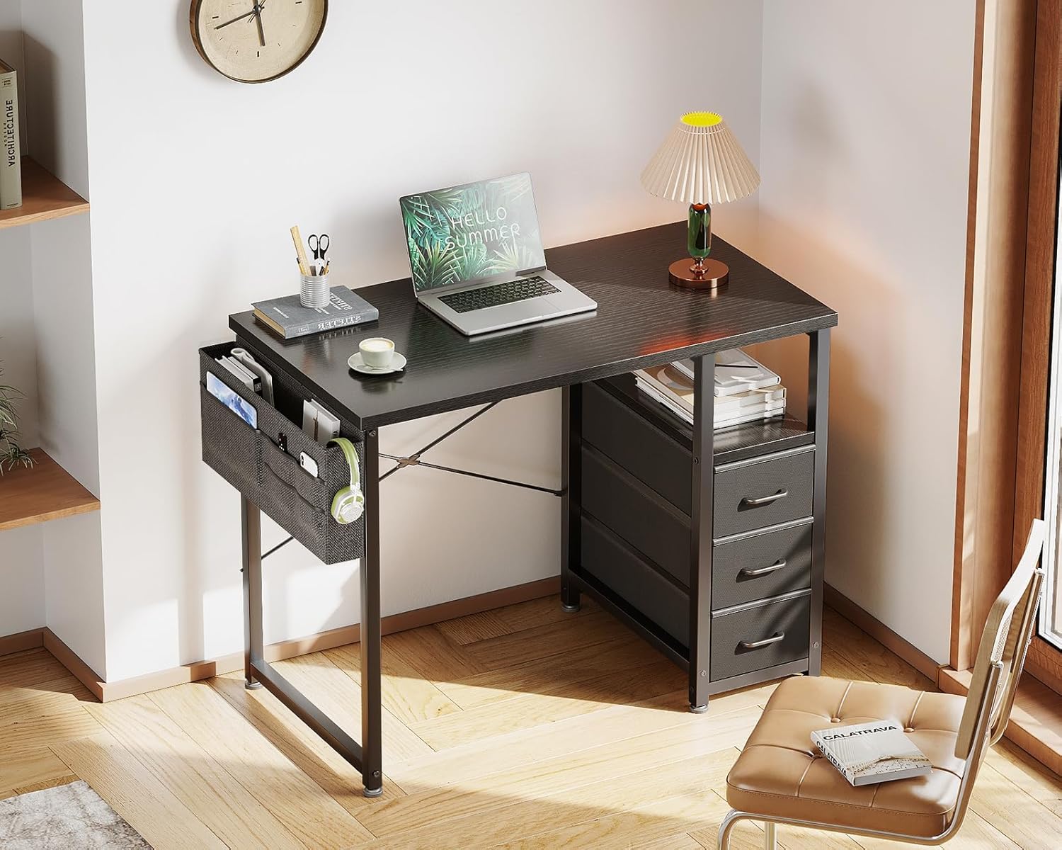 AODK 32-Inch Small Computer Desk with Fabric Drawers, Kids Girls Teen Study Writing Desk for Bedroom, Home Office Desk for Small Space, Black