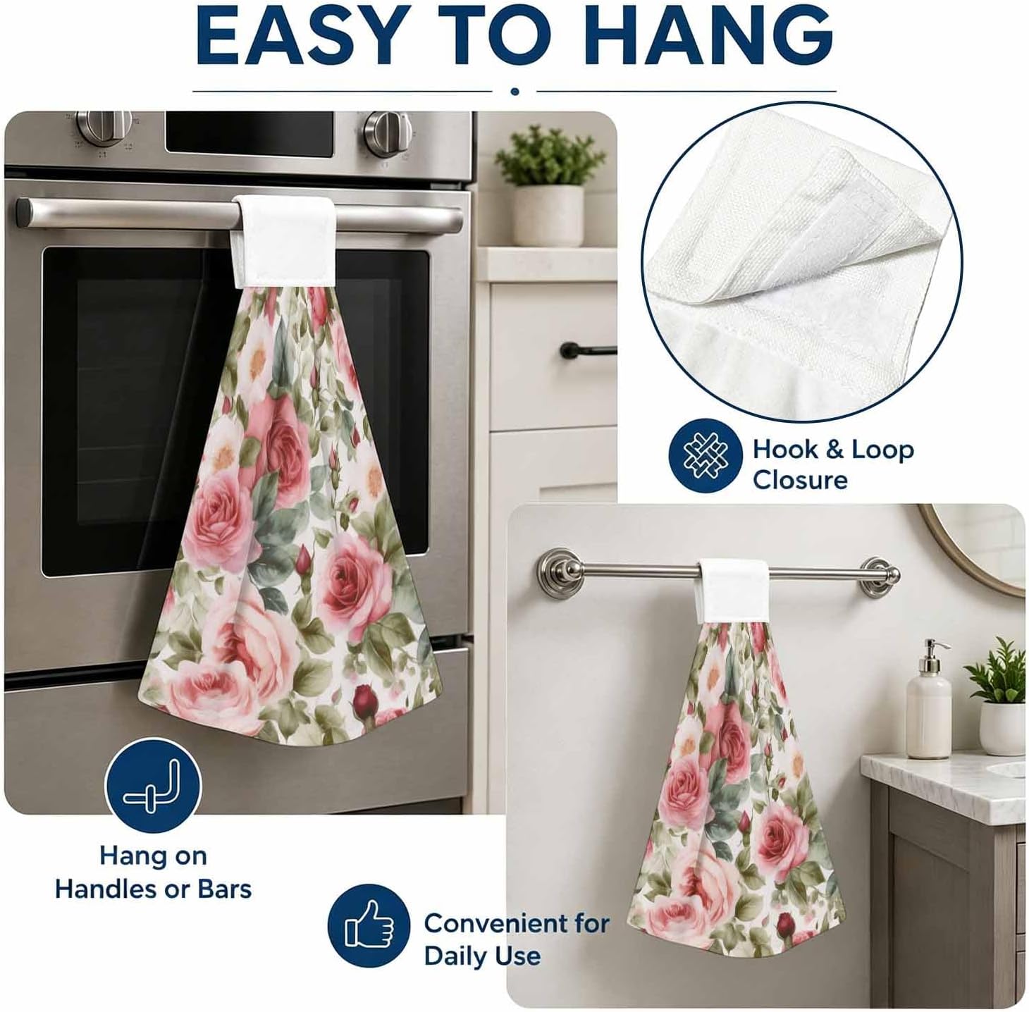 Kitchen Towels 2 Pack, Quick Dry Soft Absorbent Decorative Microfiber Hand Towel,Pink Rose Watercolor Pattern,Farmhouse Wall Art for Women Bathroom Kitchen image 3