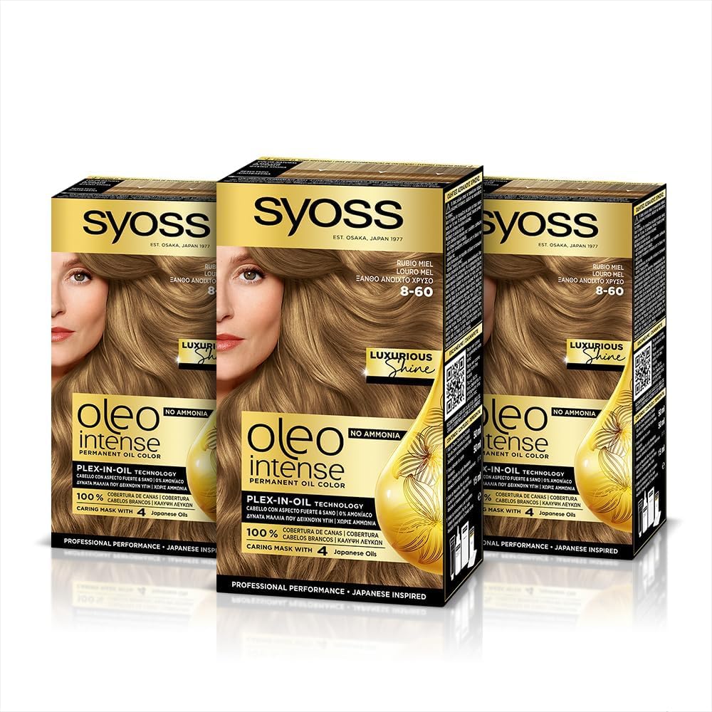 Syoss Oleo Intense Hair Color 8-60 Honey Blonde - Permanent Hair Color Without Ammonia - Professional Gray Coverage - Salon Results (Pack of 3)