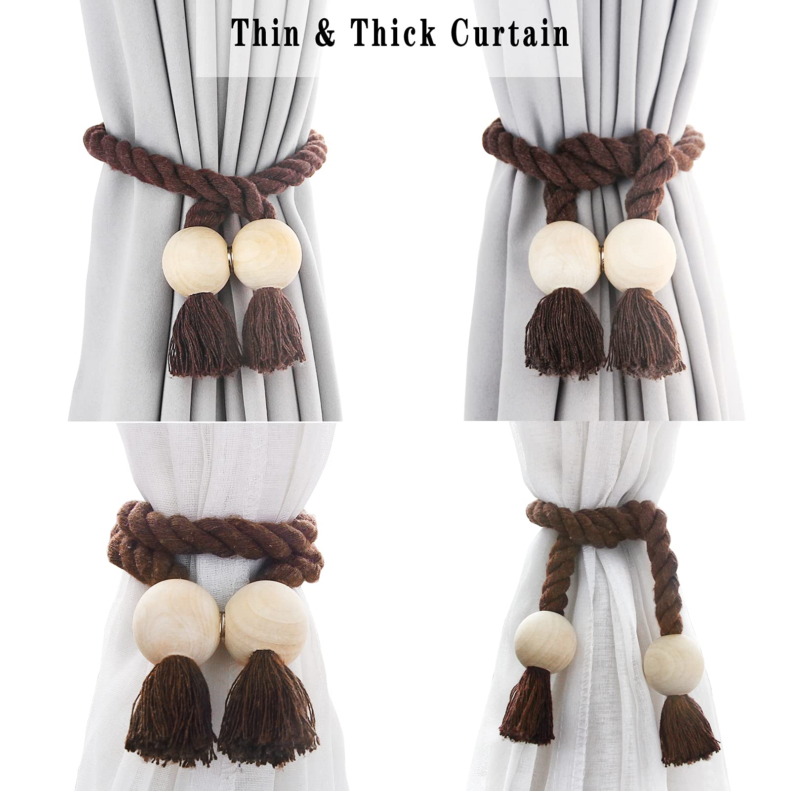Confezione da 6 fermatende magnetici per tende in cotone intrecciato a mano, fermatenda decorativi per tende con fibbia in legno resistente, non sono necessari attrezzi