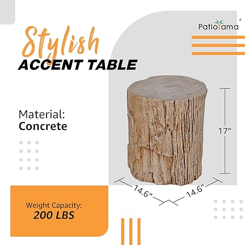 Miniatura 3 de Patiorama Mesa auxiliar de hormigón para exteriores, mesa redonda de 14.6 pulgadas, taburete de tocón de madera sintética, mesa auxiliar de patio,