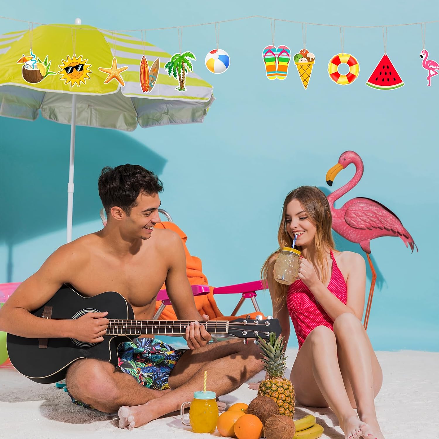 Summer Tree Decorations Hello Summer Wooden Hanging Tree Ornaments 24Pcs Hawaiian Beach Coconut Flamingo Wooden Hanging Ornaments for Indoor Home Mantle Fireplace Party Supplies