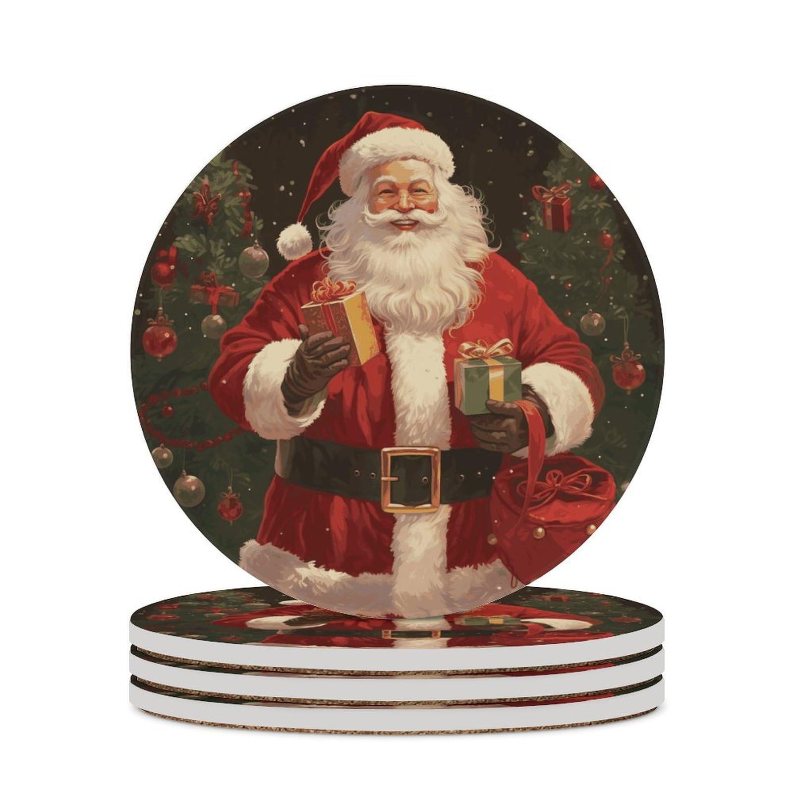 Khauerbc Style Santa Claus Drink Coasters With Holder For Coffee Table,Ceramic Coaster With Cork Base,Ceramic Stone Coaster For Iced Cold Or Hot Drinks,4.1 Inches