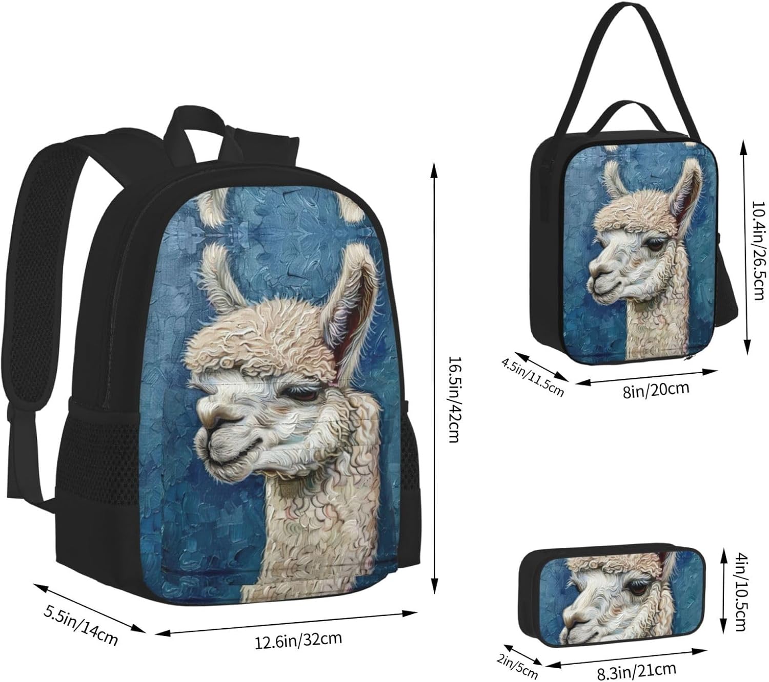 Alpaca Llama Backpack With Lunch Box 3 In 1 Set With Pencil Case, Large Capacity Backpack With Chest Strap