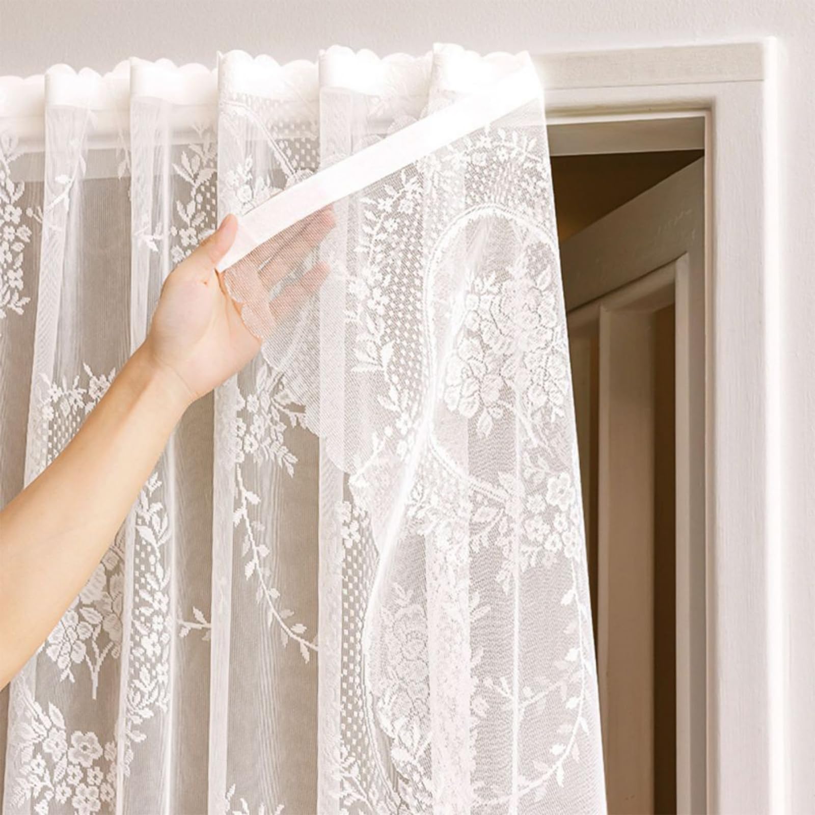 Maritown Stick on Sheer Curtains White Floral Net Lace Curtain Panels Privacy Self Adhesive Decorative Voile Drapes Window Cover for Living Room Bedroom Kitchen Nursery
