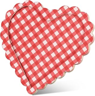 13.4"x11.8" Large Wooden Heart Shape Tray Pink White Plaid Plate Romantic Wedding Serving Tray Valentines Day Decoration for Snack Cake Fruit Nuts Appetizer, 1 Pack