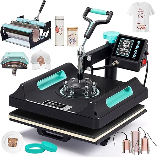 Specraft 8-in-1 Combo Heat Press, 15x15 360° Swing Away Digital Sublimation Machine for T-Shirts Mugs Hats Plates, Green Black