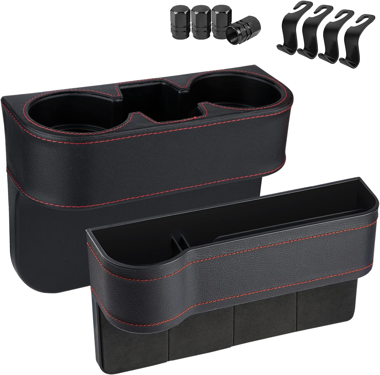 Homesprit 2 Packs Car Cup Holder with Phone Holder, Seat Gap Filler with Car Drunk Holder, Side Seat Cup Holder for Storing and Organizing Car Drinking Cup Pocket Phone Etc (Leather Cover)