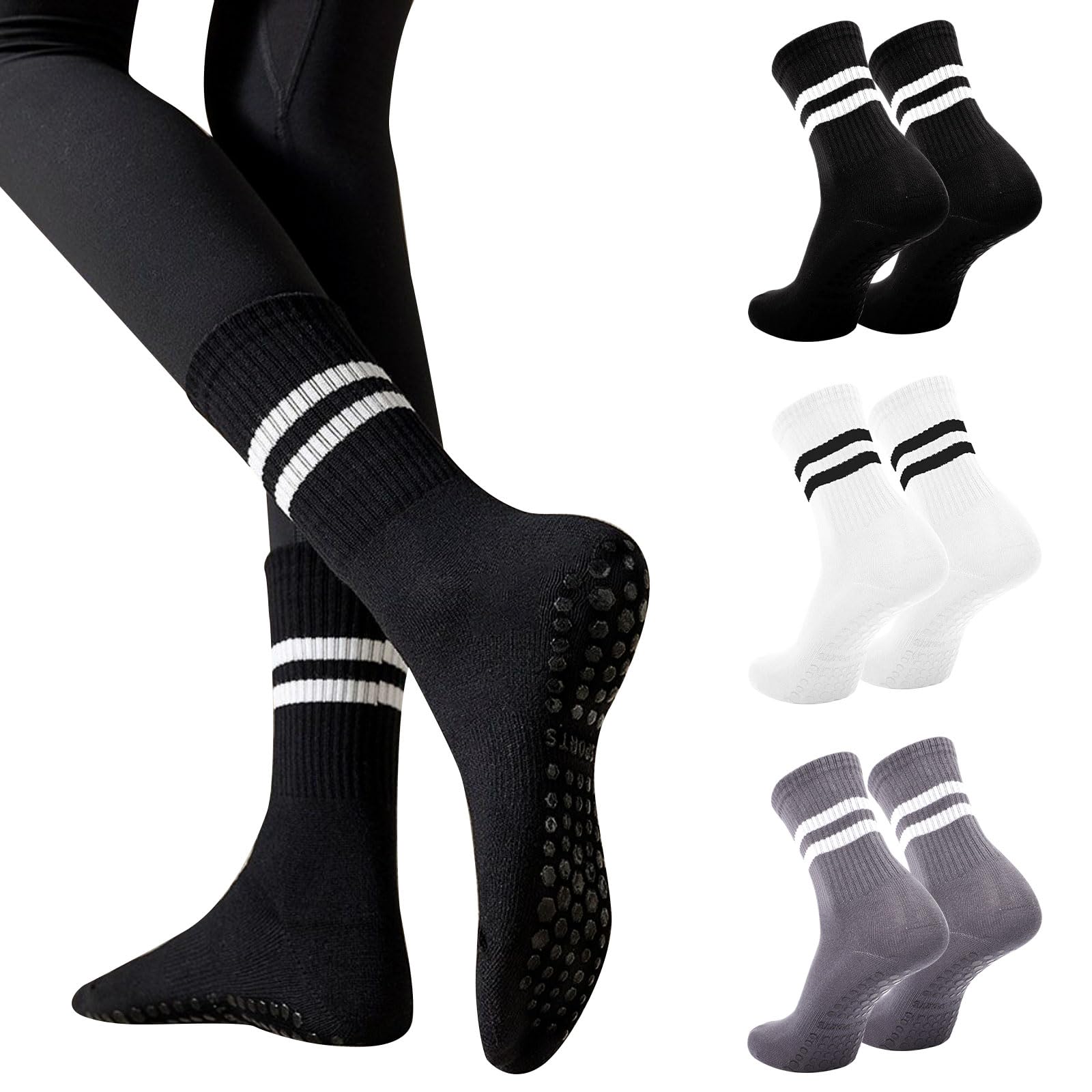 Risipu 3 Pairs Pilates Socks With Grips for Women,Cute Non Slip Crew Grippy Yoga Socks Grippy Sticky for Hospital Dance Barre Workout (UK, Alpha, One Size, Regular, Regular, Black+White+Gray)