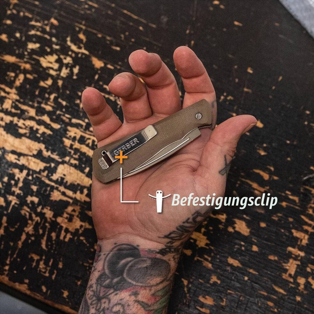 Gerber Taschenmesser mit Gürtelclip, Mansfield, Swayback Design mit Scandi-Schliff und Micarta Griffschalen, Klingenlänge: 8 cm, Oliv, 30-001910