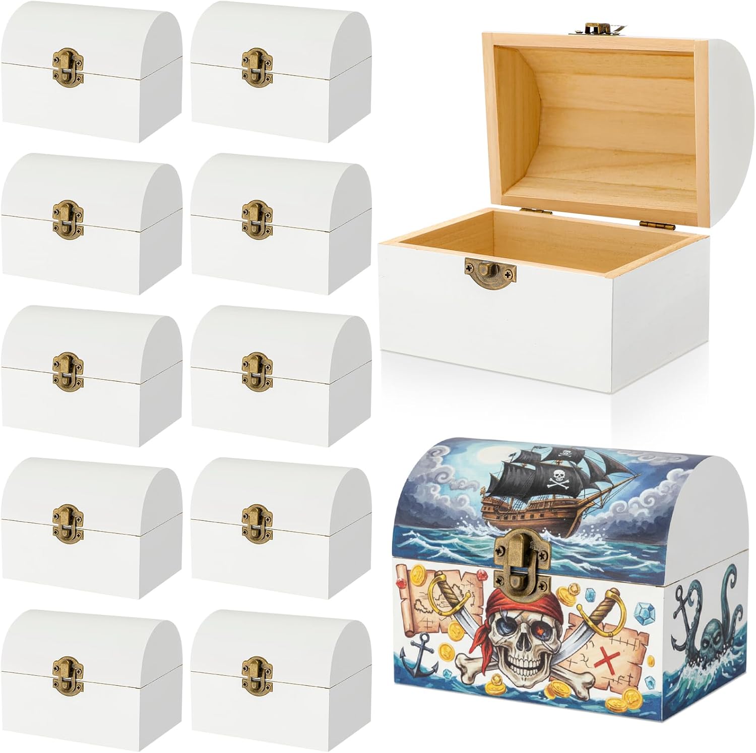Menkxi 12 Pcs Unfinished Wooden Treasure Chest Boxes 4.7 x 3.5 x 3.1 Inch Mini Small DIY Treasure Chests Craft Bulk with Hinged Lid to Paint Party Gifts Prizes(White)