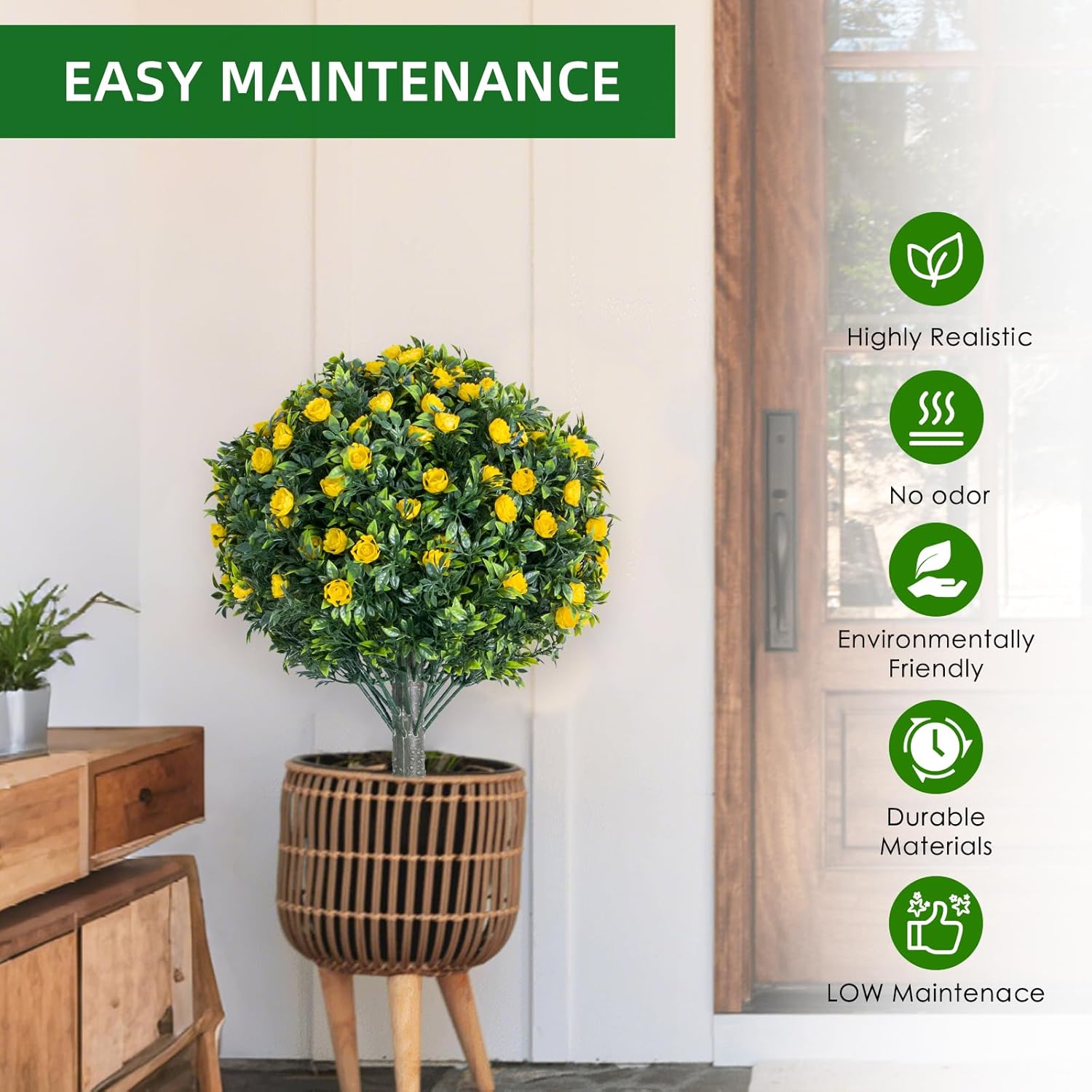 2 FT Artificial Topiary Flower Ball Trees with Ground Spike, Set of 4 Fake Rose Flowers Shrubs with Stake for Outdoor,Yellow