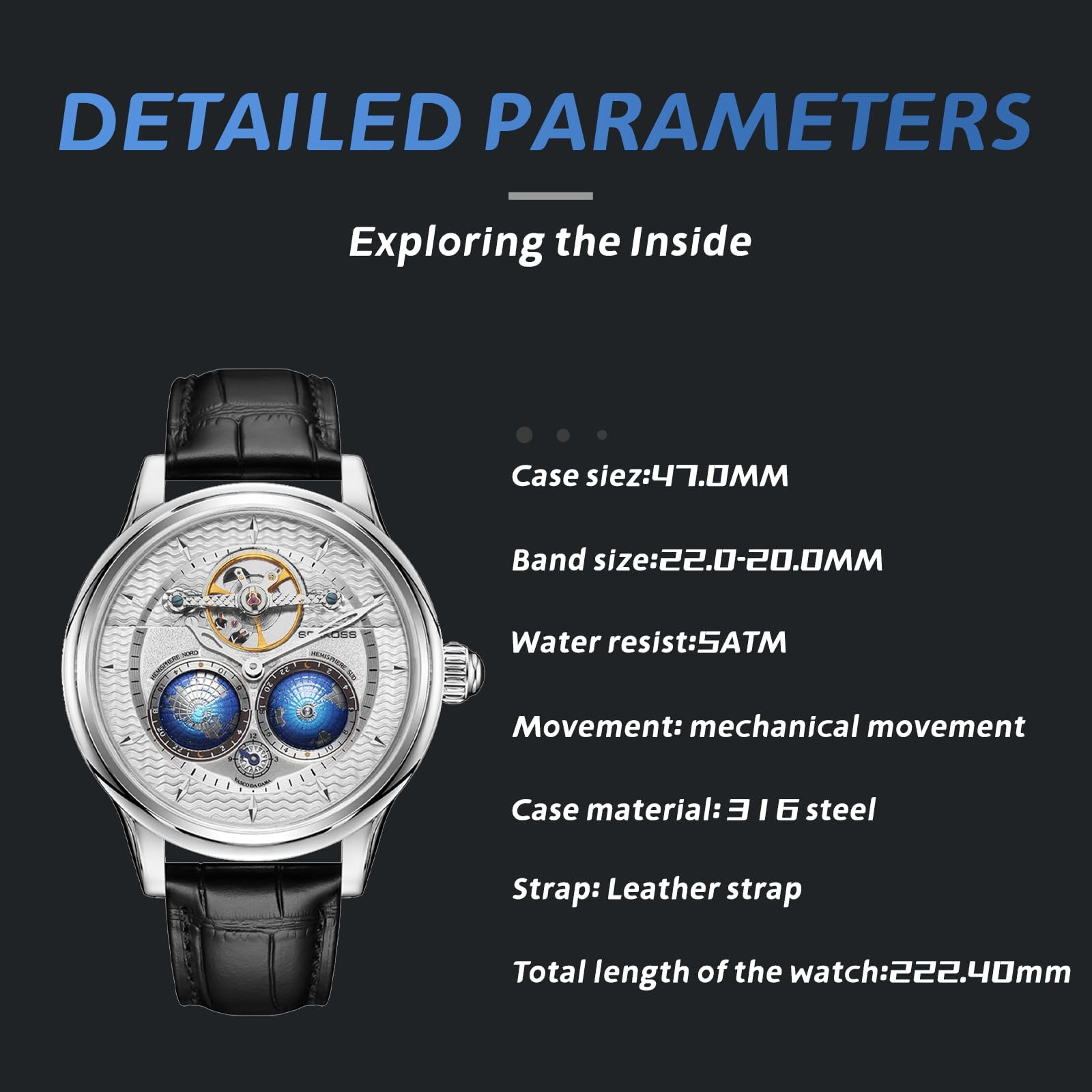 SEAKOSS Luxuriöse automatische mechanische Uhr für Herren, 47 mm Skelett-Armbanduhr mit doppeltem Halbkugel-Zifferblatt, selbstaufziehendes Uhrwerk, echtes Lederband, 5 ATM wasserdicht
