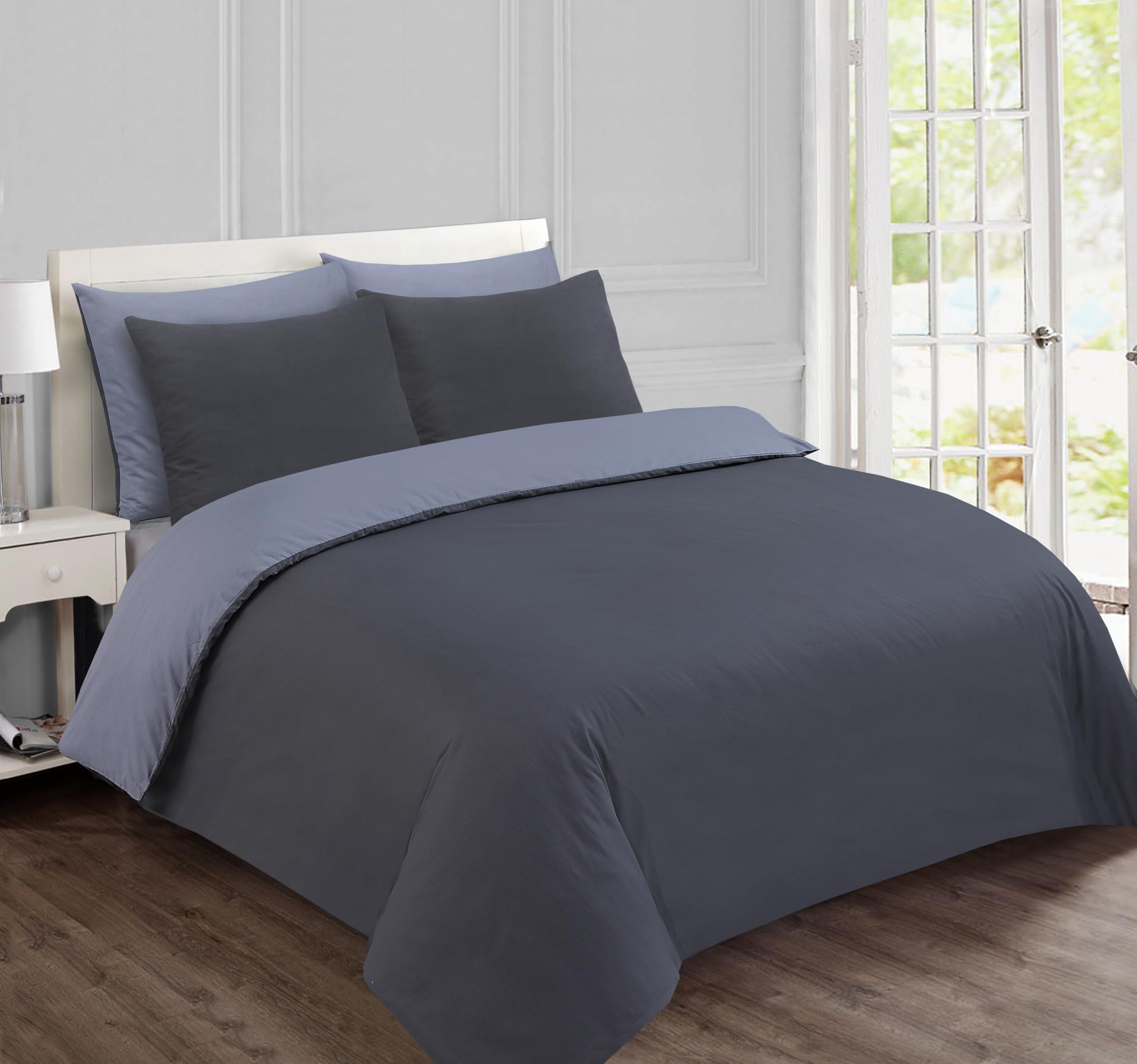 VISION Parure Copripiumino Reversibile 100% Cotone – Grigio Antracite | 1 Copripiumino (155×220 cm) + 2 Federe (80×80 cm) | 57 Fili/cm² | Morbido e Confortevole | Certificato Oeko-Tex