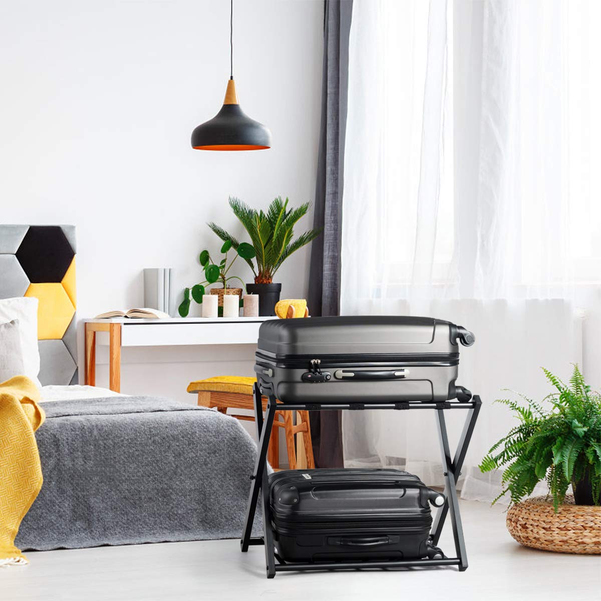 GYMAX Support de Bagage à 2 Niveaux, Porte-Bagages Pliable en Fer Solide pour Valises, Bagages, Chaussures, Support de Valise Pliant, Parfait pour Maison, Hôtel, 68 X 43 X 56 CM (Noir, 2)