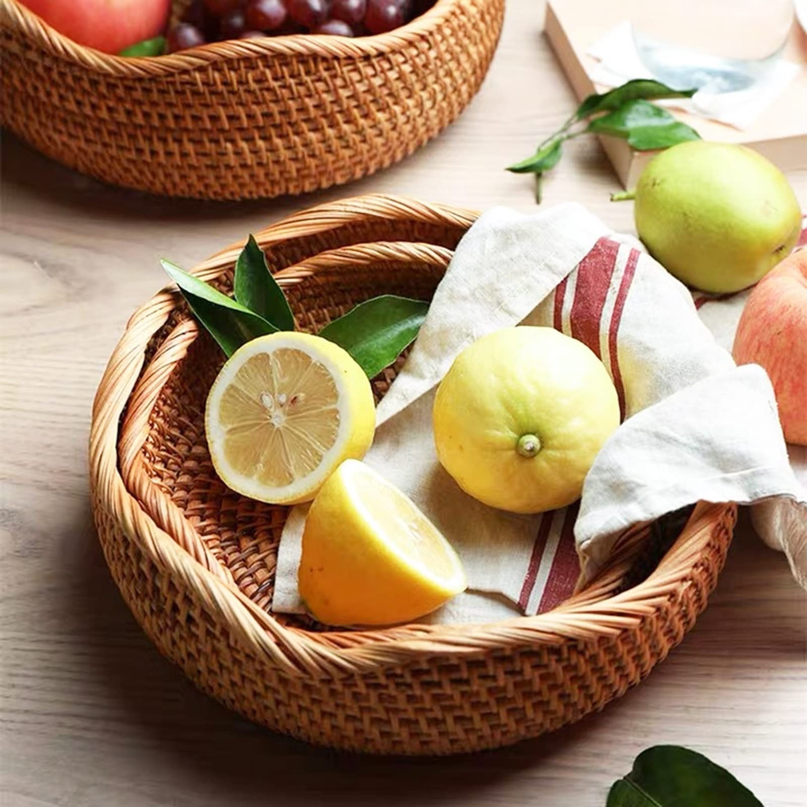 Cestino per Uova Fatto a Mano in Rattan Rotondo, Vassoio per Alimenti, Cestino da Picnic Intrecciato, cestini per la conservazione di Pane, Frutta e Snack, VASS