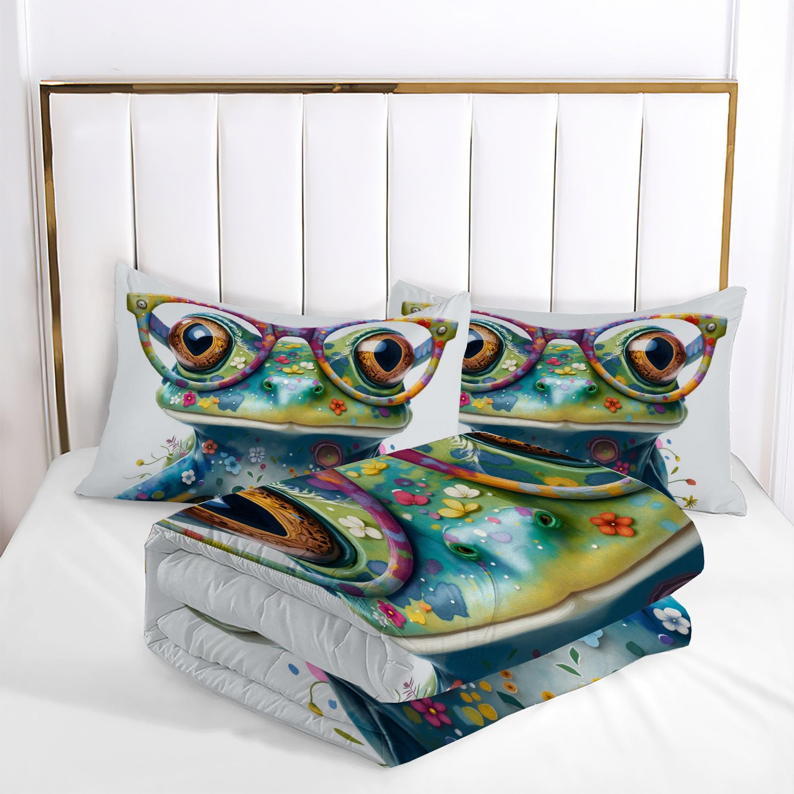 Trapunta Letto Singolo 4 Stagioni Piumone per Bambini, Rana Carina Occhiali Leggero Pittura A Olio Animali Set di Biancheria da Letto 140x200cm con 1 Federe,Piumino Lavabile In Lavatrice