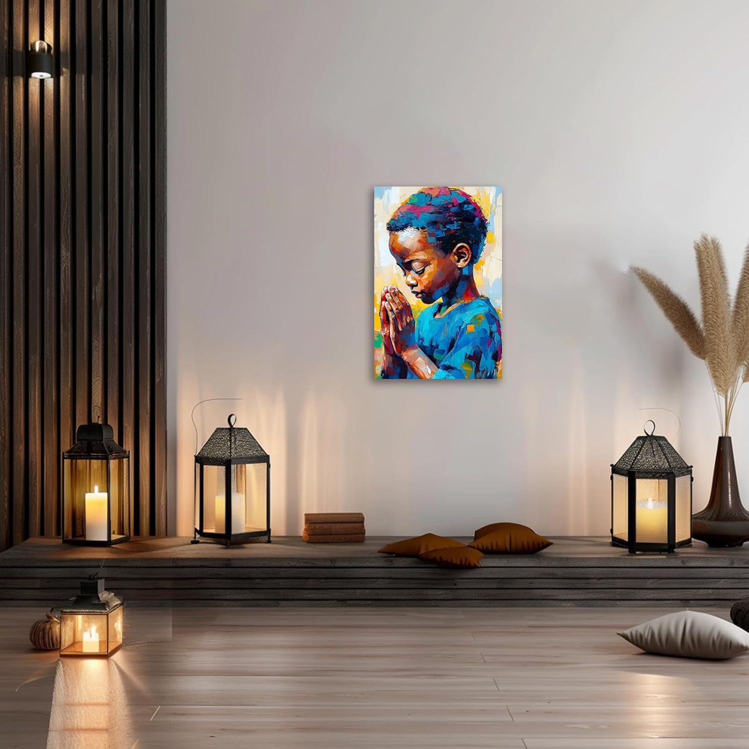 CHAOSETKEN African American Wall Art Black Boy Praying Pictures Prints Afro Boy Portrait Canvas Paintings Christian Artwork for Kids Room Church Decor Framed (18L x 12W)