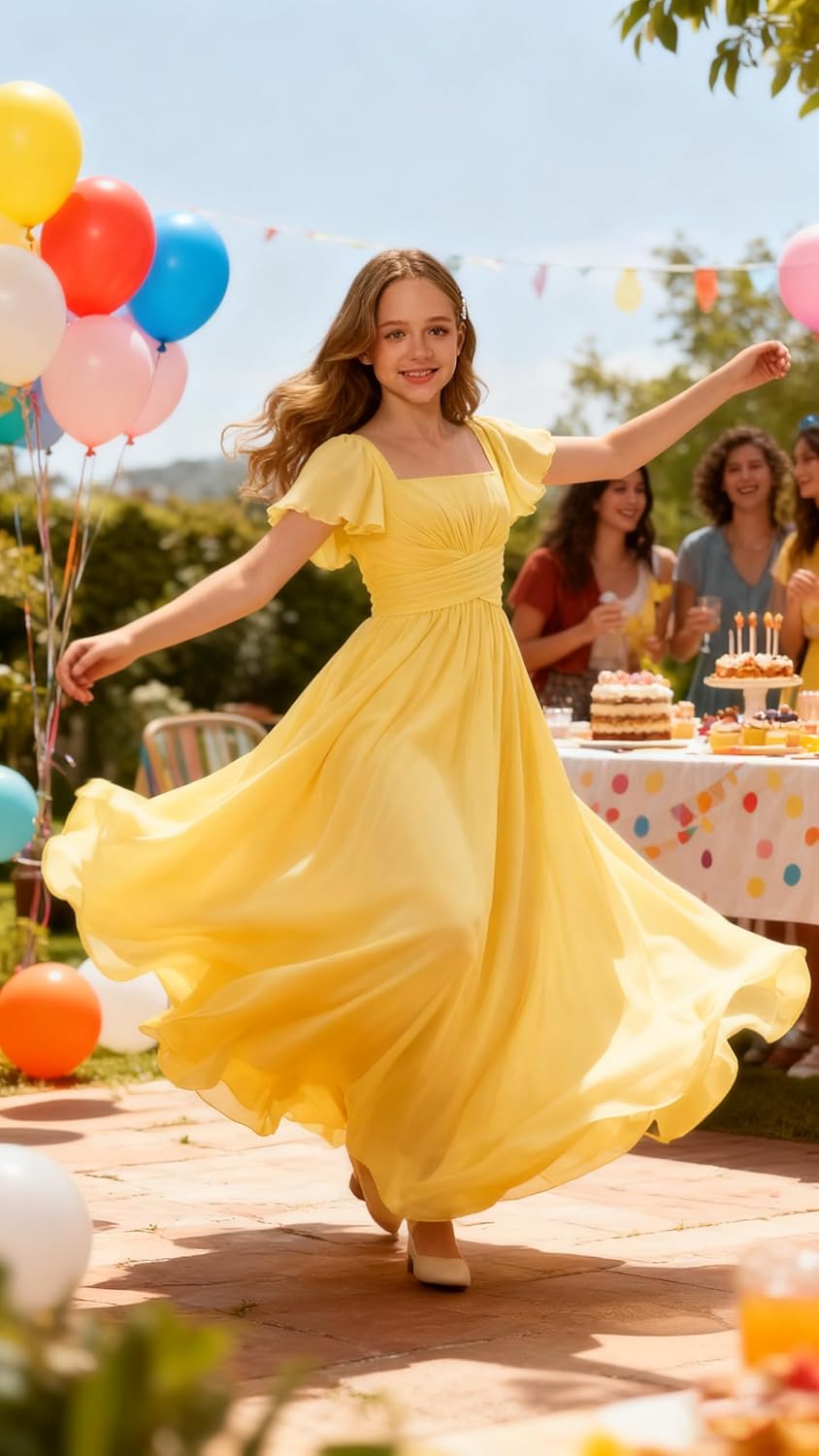 Flutter Sleeves Junior Bridesmaid Dress Square Neck Flower Girl Dresses with Ruffles A Line Wedding Party Gown - Image 2