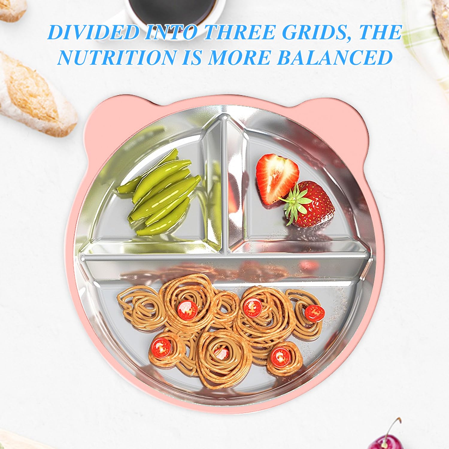 2 platos para bebés con ventosa, sin BPA, plato de acero inoxidable para bebés, plato para niños con funda de silicona extraíble (rosa +azul cielo)