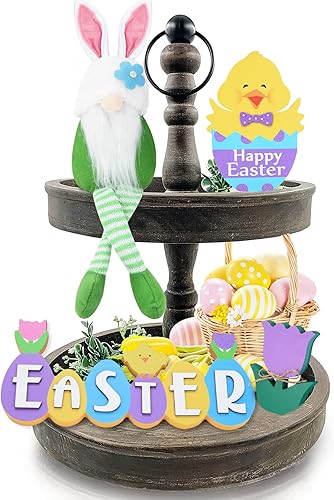 Decoraciones de Pascua para decoración de bandeja escalonada de Pascua gnomos de Pascua felpa y 3 piezas decoración de Pascua huevos de Pascua