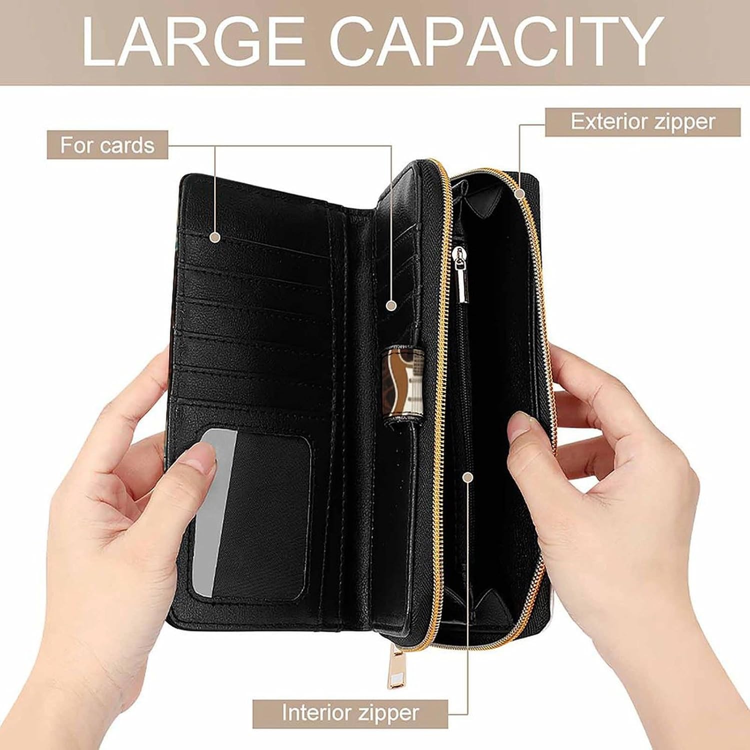 Wallet for Men Coin Purse Card Case Zipper Art Guitar Pattern Printed Wallet Multi Credit Card Holder Purse