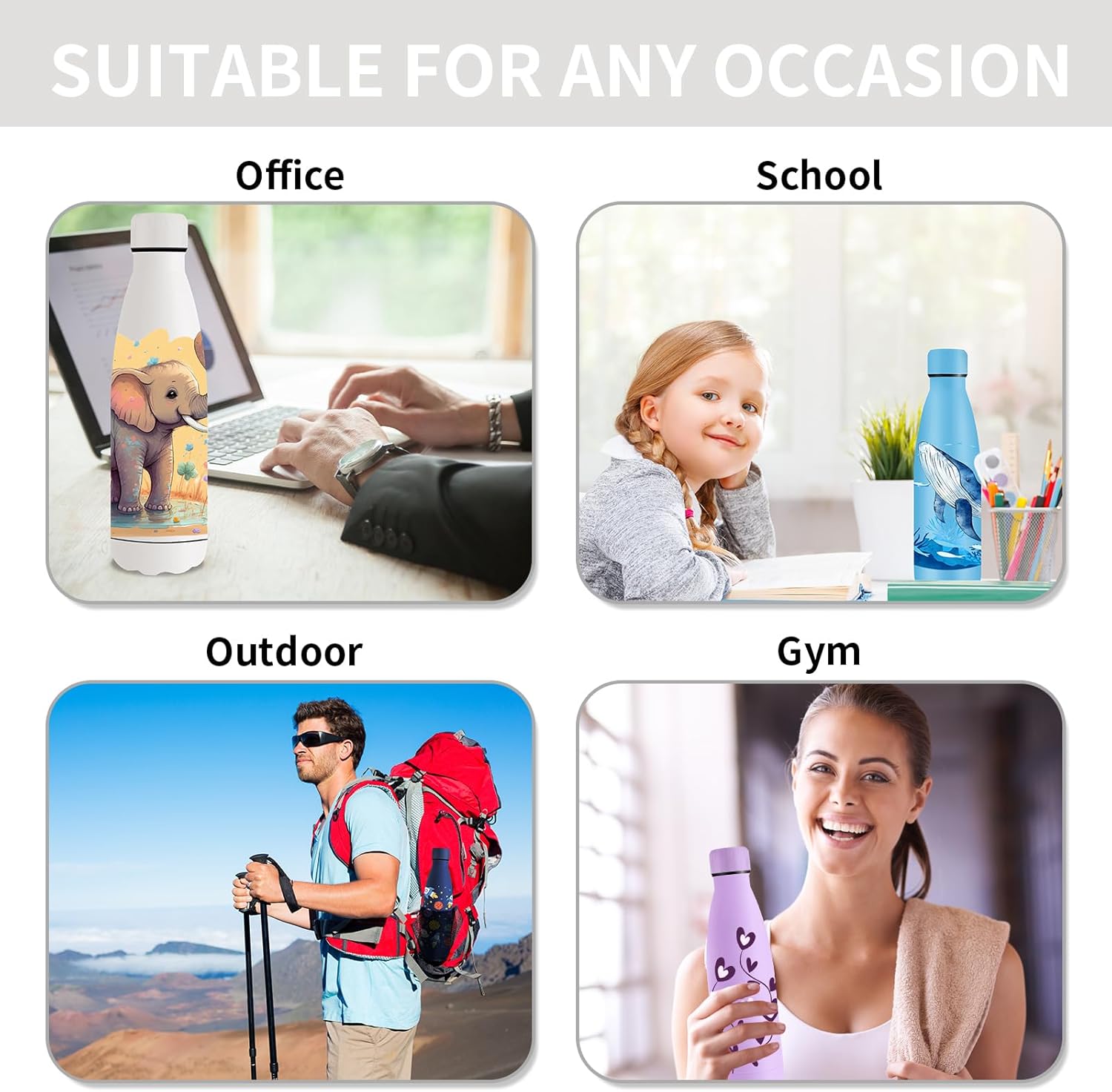 Grsta Water Bottle 500 ml, Stainless Steel Water Bottle, Sports Water Bottle, Double-Walled, Water Bottle with Elephant, Thermos Flask for School, Bike, Camping, Running,