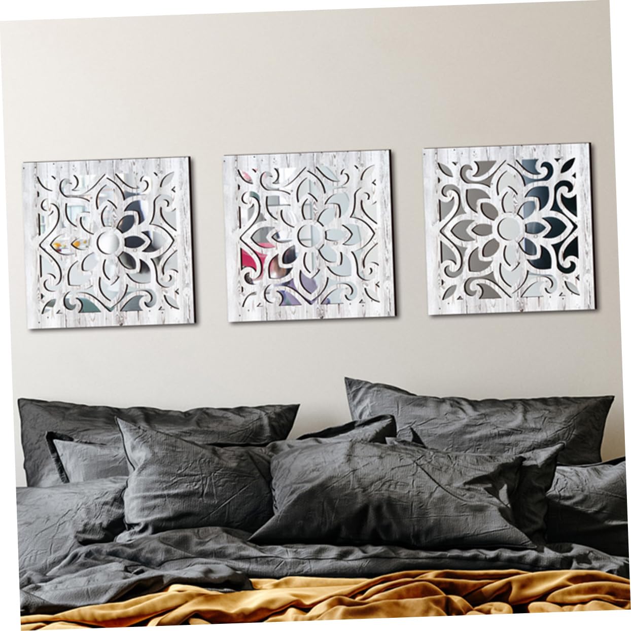STOBAZA Specchio da Parete Decorativo Quadrato in Acrilico e Legno, Stile Rustico Bianco, 2 Pezzi, per Soggiorno e Ingresso