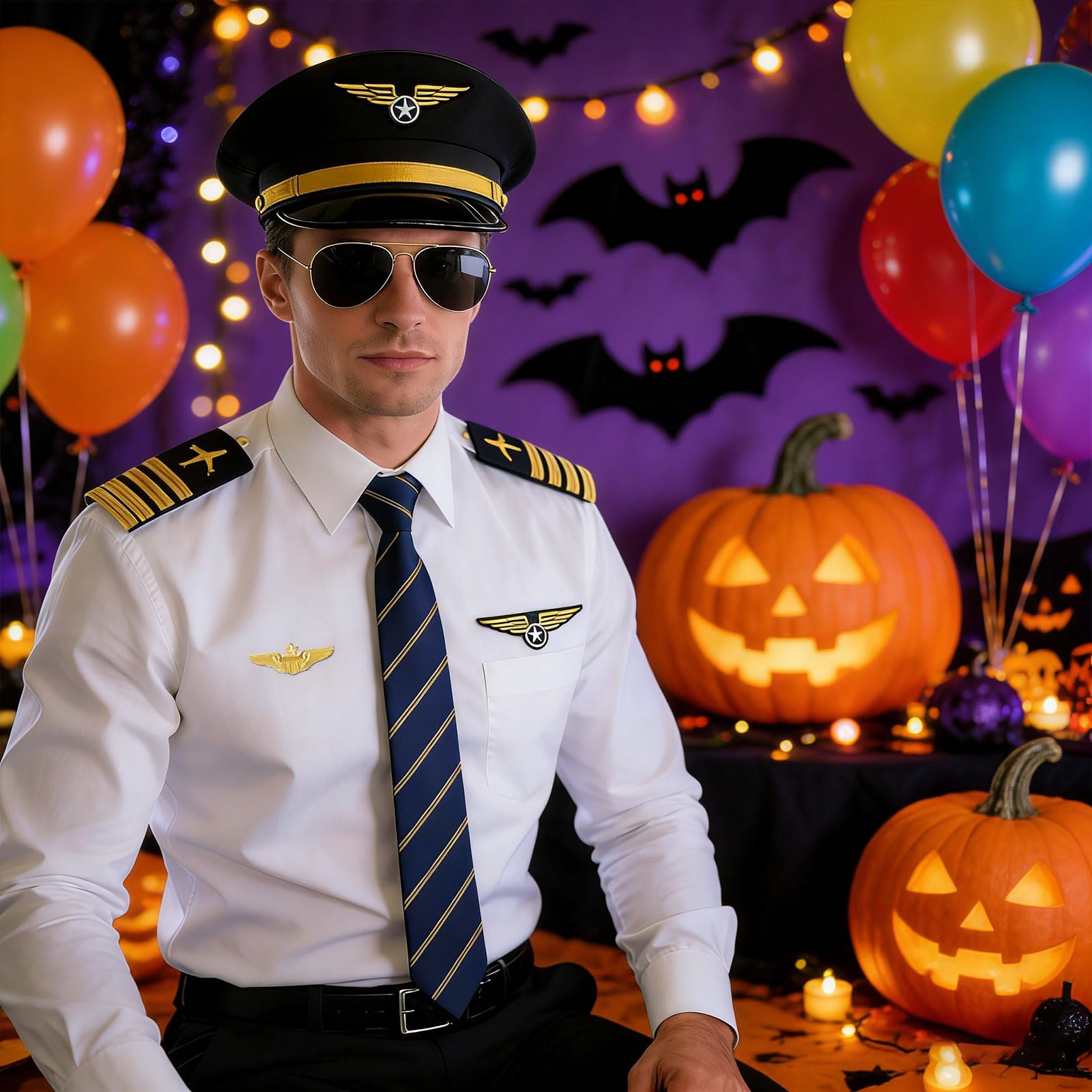 7-teiliges Pilotenkapitändler-Kostüm-Zubehör-Set, Halloween, Militär, Flugzeug, Kapitän-Kostüm, Kostüm-Set, Fliegerhut, Armband, Abzeichen, Krawatte, Brille, für Cosplay, Kostümparty