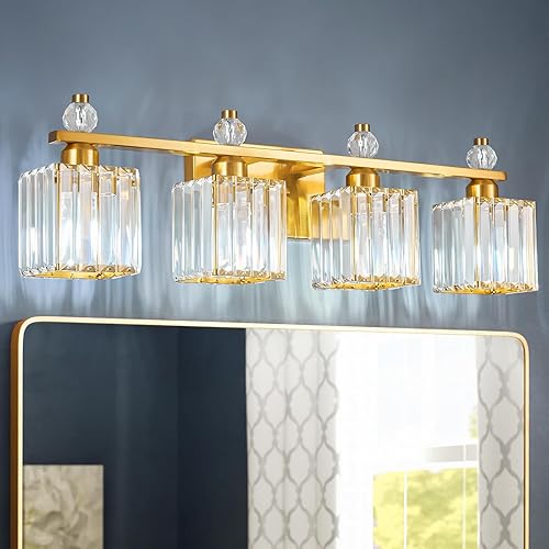 Luces de tocador de 4 luces modernas de cristal dorado para baño, accesorios de iluminación de tocador de baño de cristal sobre espejo