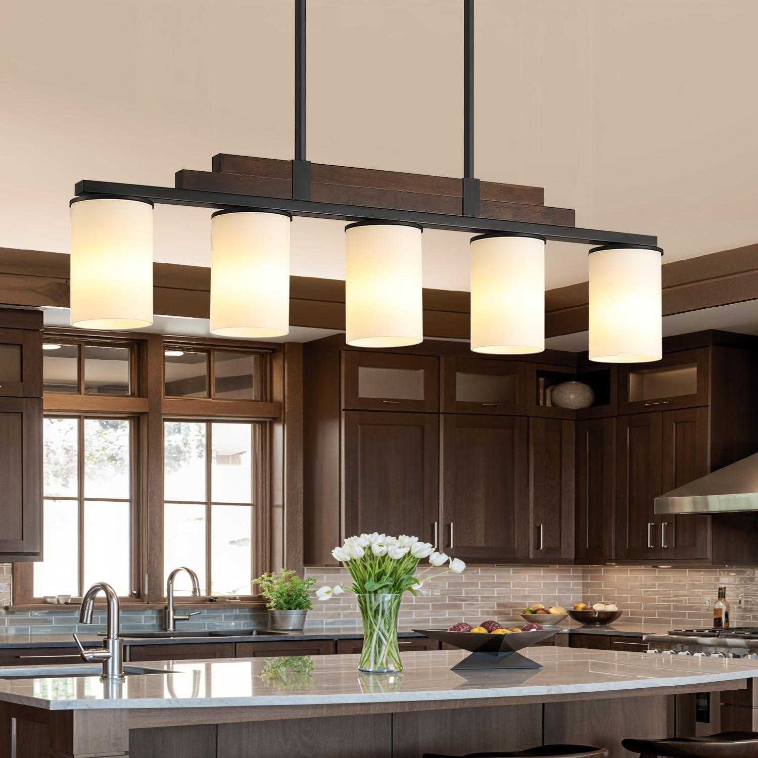 ( Incomplete) Farmhouse Wood Kitchen Island Lighting, 5-Light Adjustable Chandelier for Dining Room, Milk Glass Shade Dining Room Light Fixture Over Table, Black Hanging Pendant Lights for Kitchen, Pool Table Milk Glass Shade 5 Light