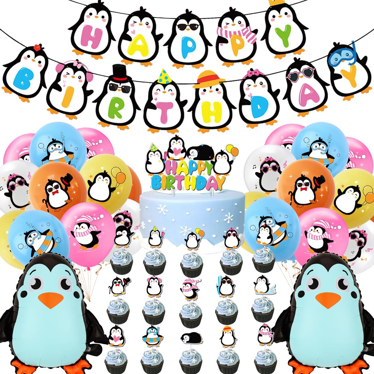 Penguin Birthday Decoration, Pack of 39 Penguin Balloons Party Supplies Penguin Foil Balloons Birthday Banner, Cake Topper Birthday Party for Penguin Decoration