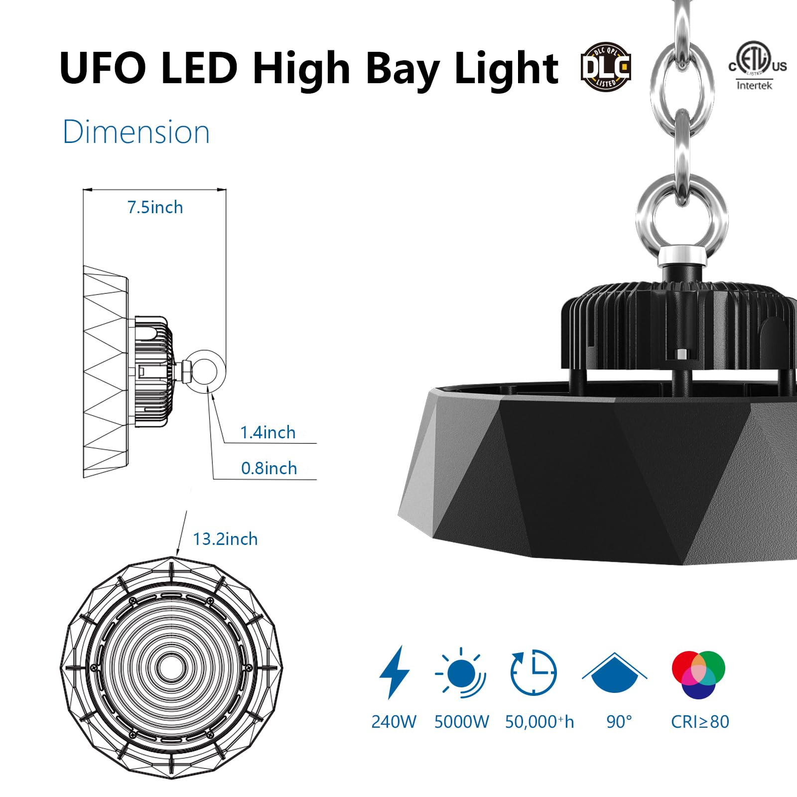 240W UFO LED High Bay Light 1165W HPS Eqv with 6Ft Hard Wired Cable 31200LM 5000K Daylight 0-10V — view 2