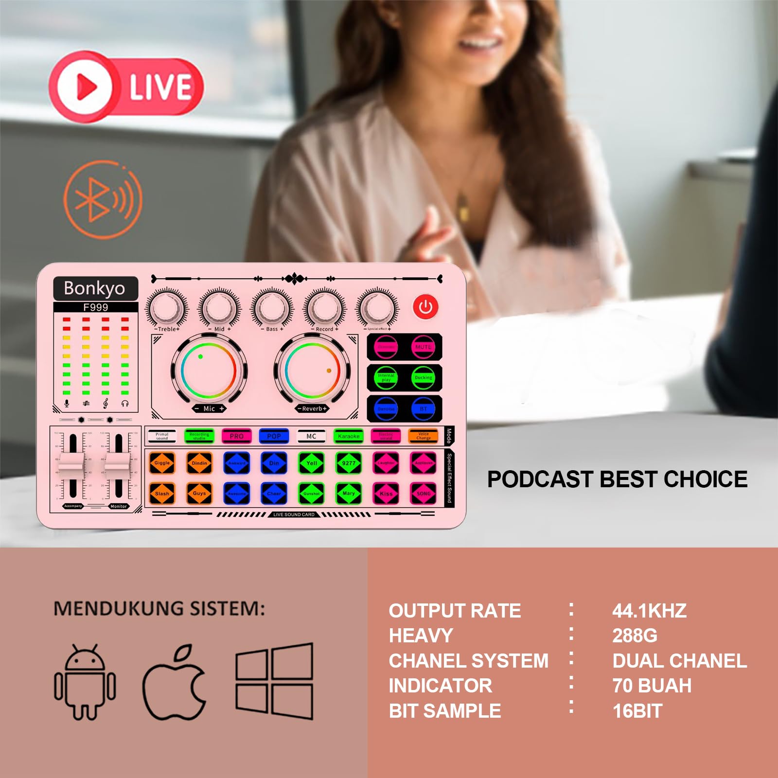 F999 - Scheda audio USB per live streaming, mixer audio professionale con riduzione del rumore, Bluetooth, batteria integrata, interfaccia audio e cambia voce, mixer DJ per live/gioco/podcast/karaoke
