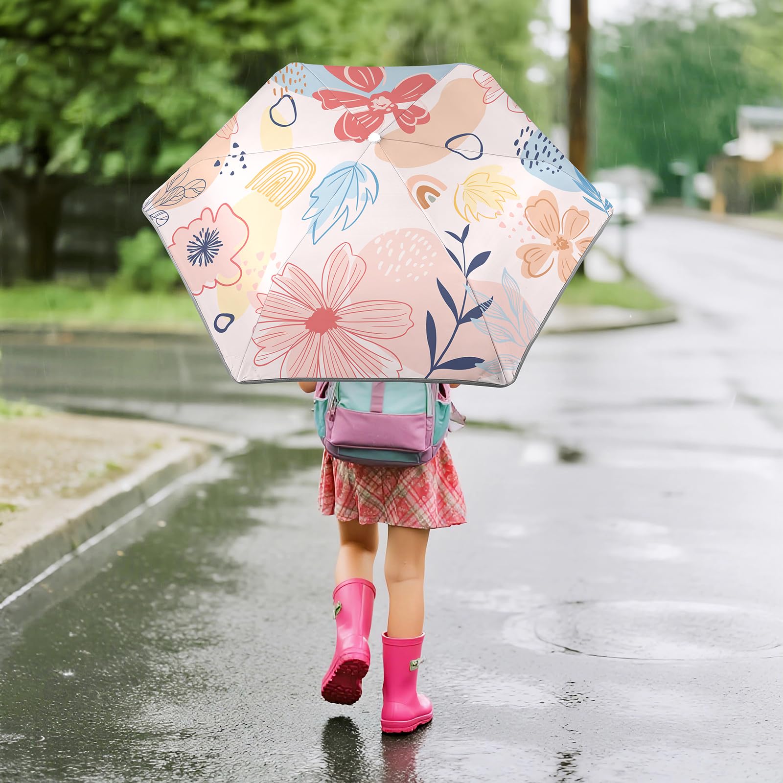 decalsweet Parapluie Pliant Enfant, Parapluie Compact Automatique | Anti-UV,Léger,Anti-Rebond,avec Bande Réfléchissante,Mini Parapluie de Voyage,Fille,Garçon,avec Housse,Portable,Robuste Stable