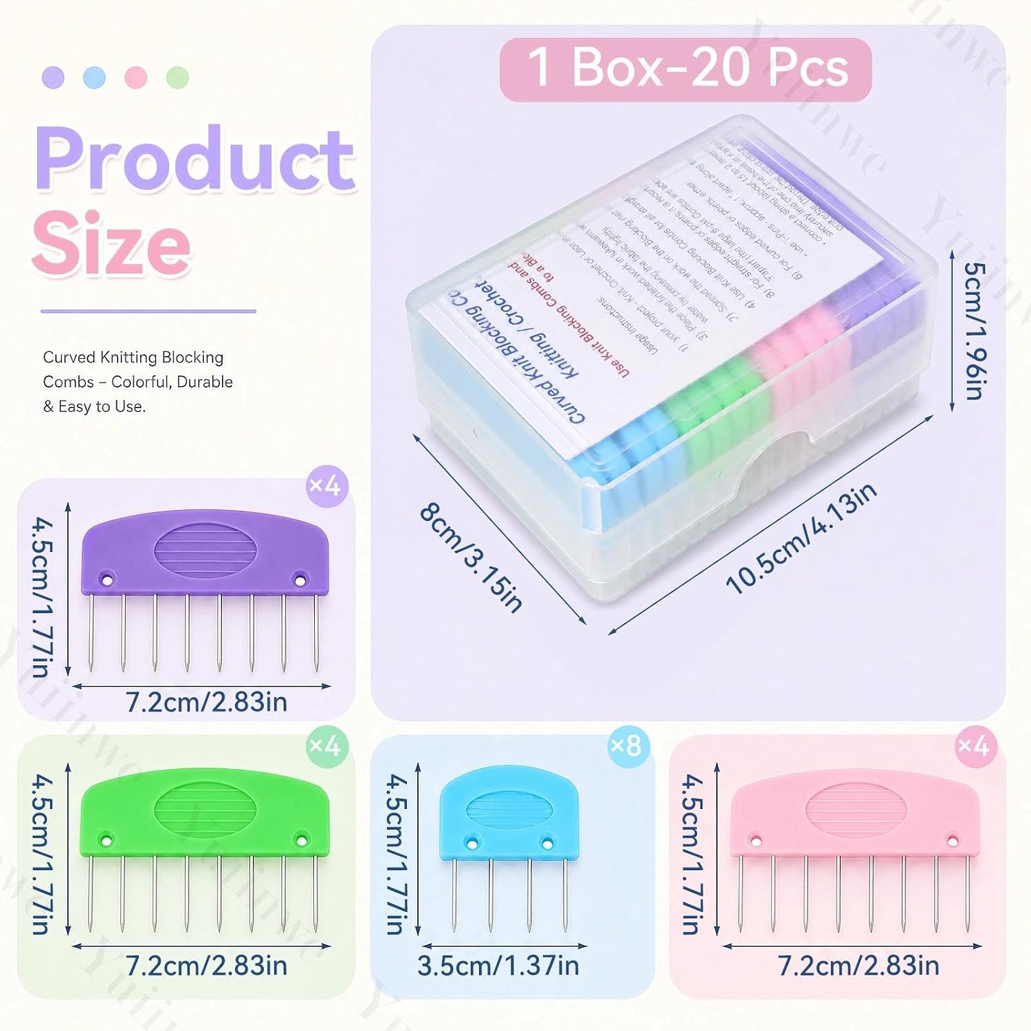 Yuiinwe Knit Blocking Pins Kit 20Pcs, Color Blocking Combs for Knitting